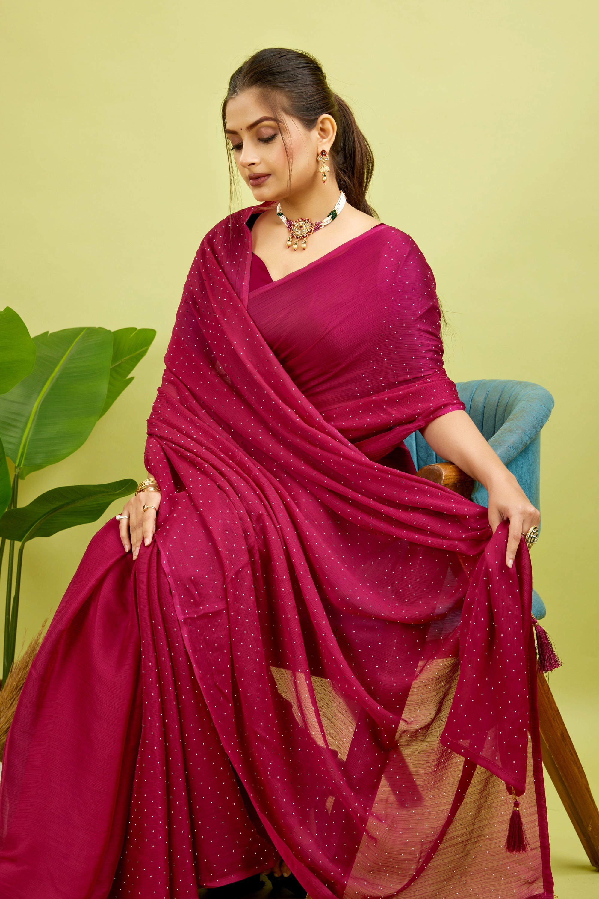 Red Stone Work Satin Chiffon Saree