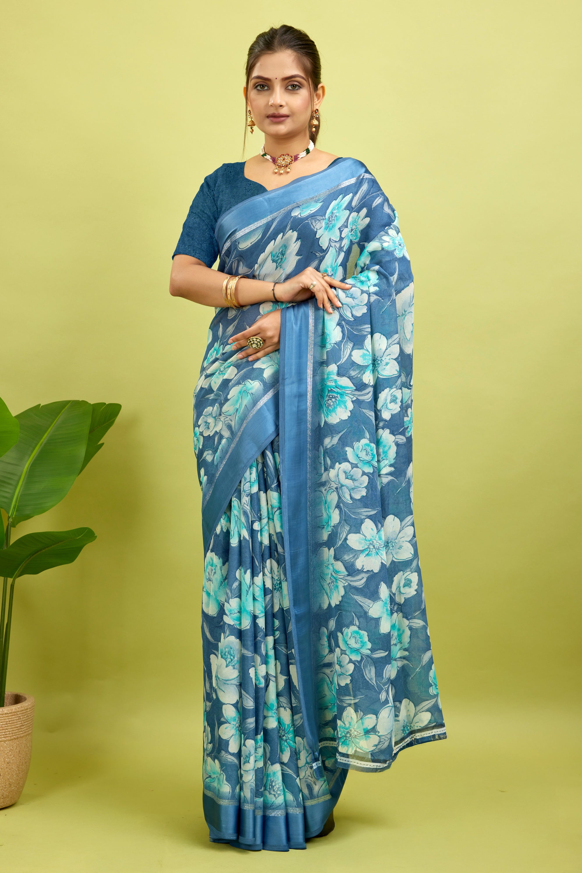 Royal Blue Floral Print Bright Moss Satin Border Saree