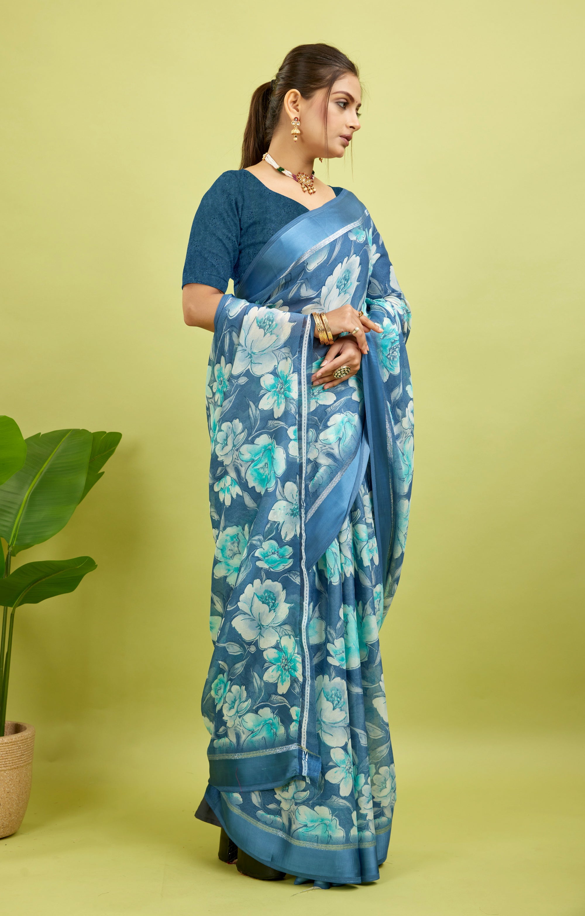 Royal Blue Floral Print Bright Moss Satin Border Saree