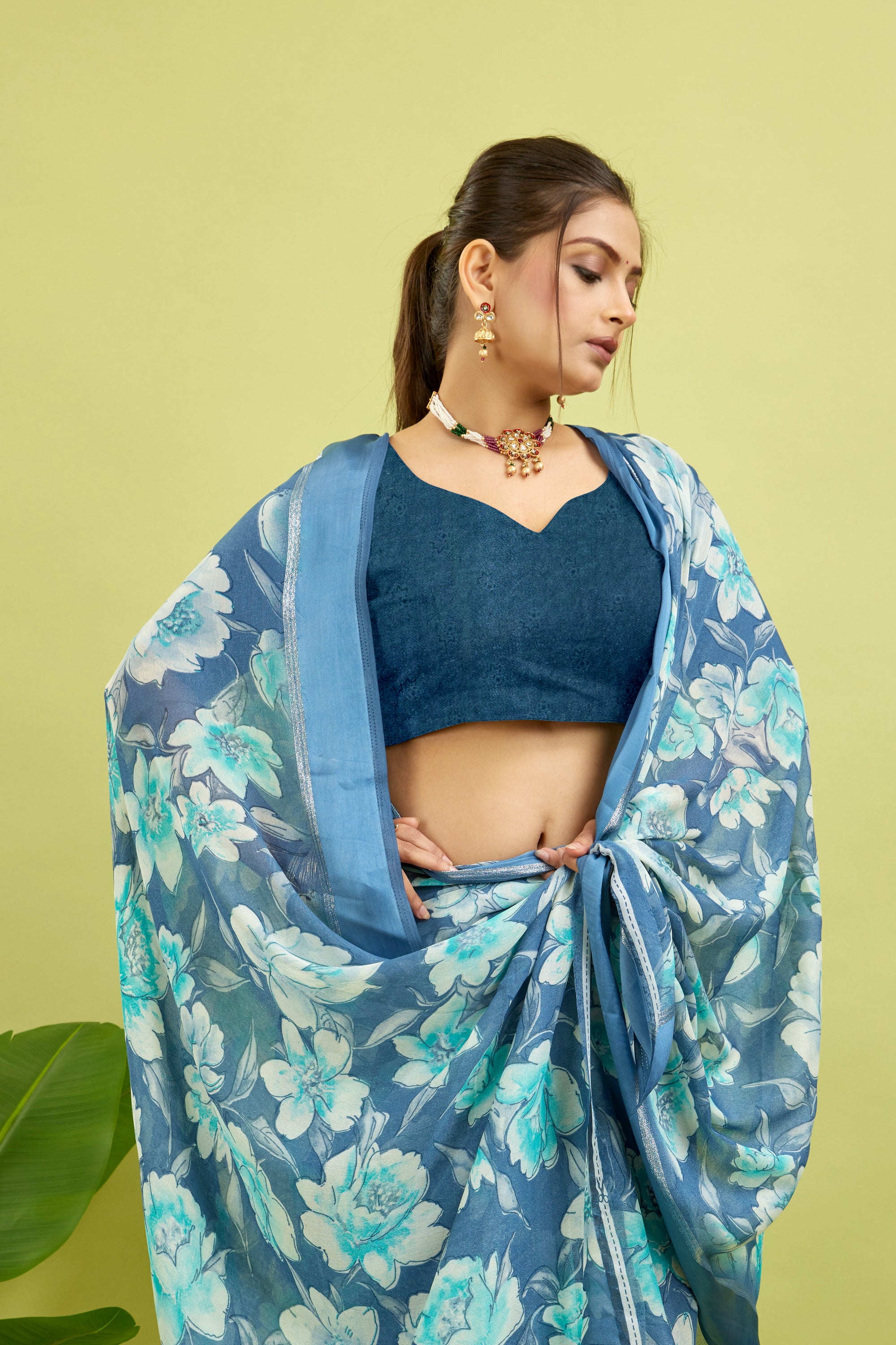 Royal Blue Floral Print Bright Moss Satin Border Saree