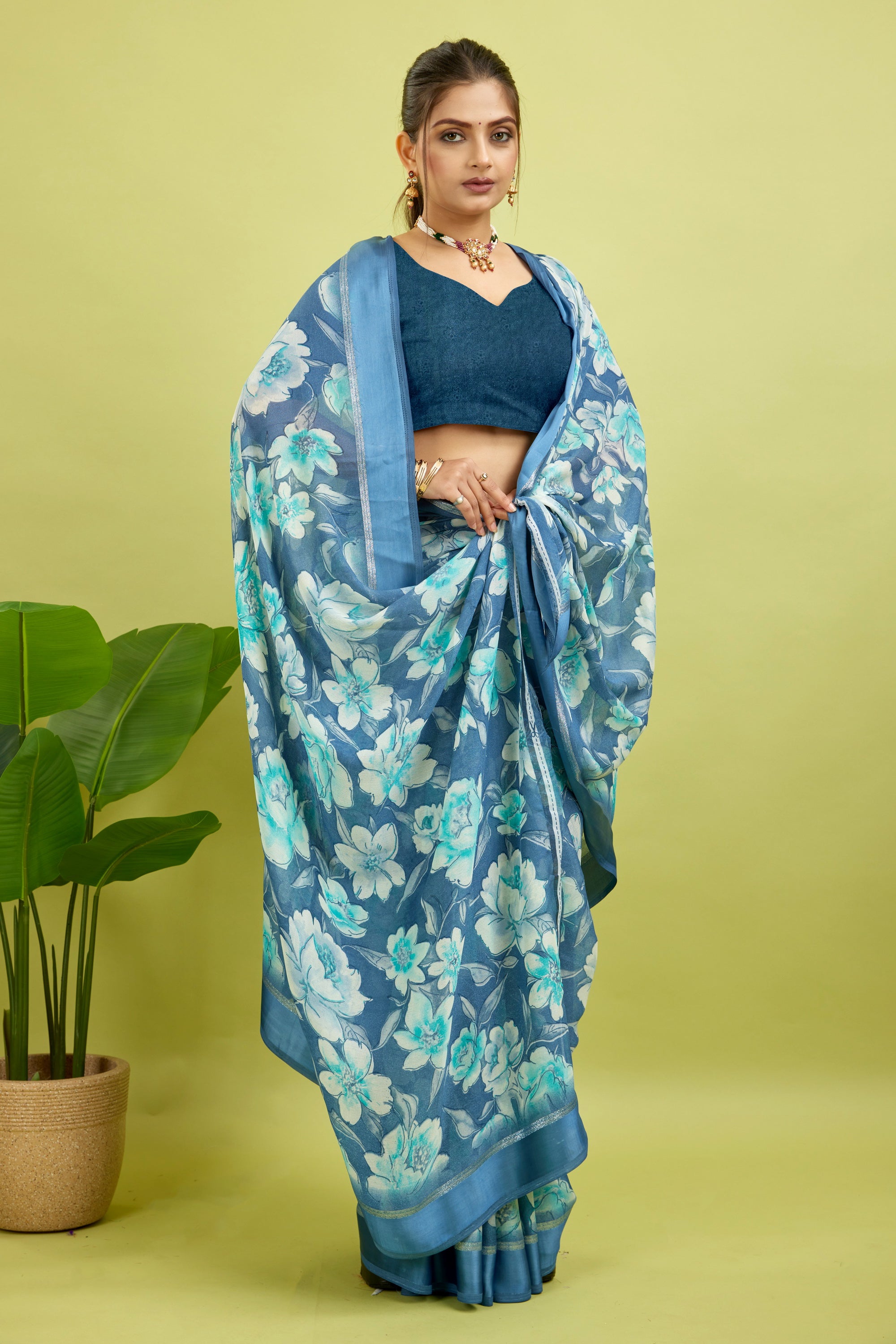 Royal Blue Floral Print Bright Moss Satin Border Saree
