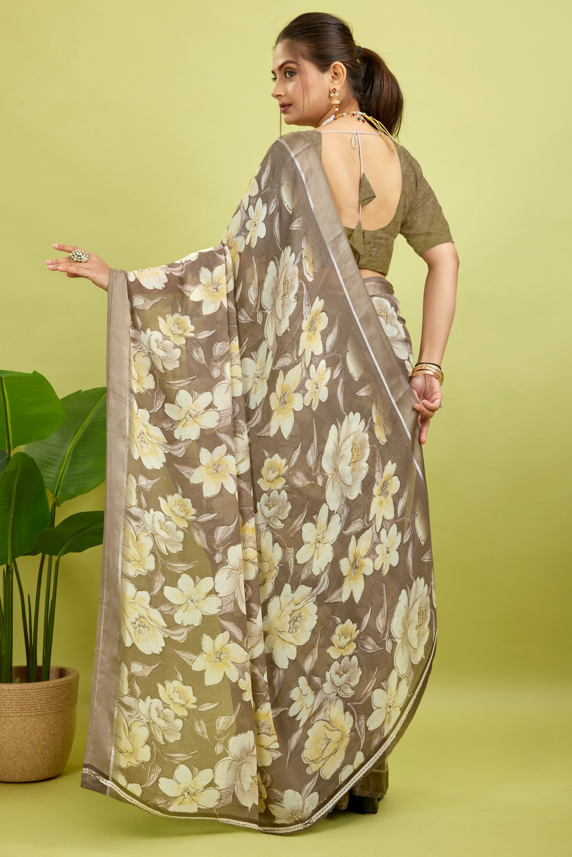 Green Floral Print Bright Moss Satin Border Saree