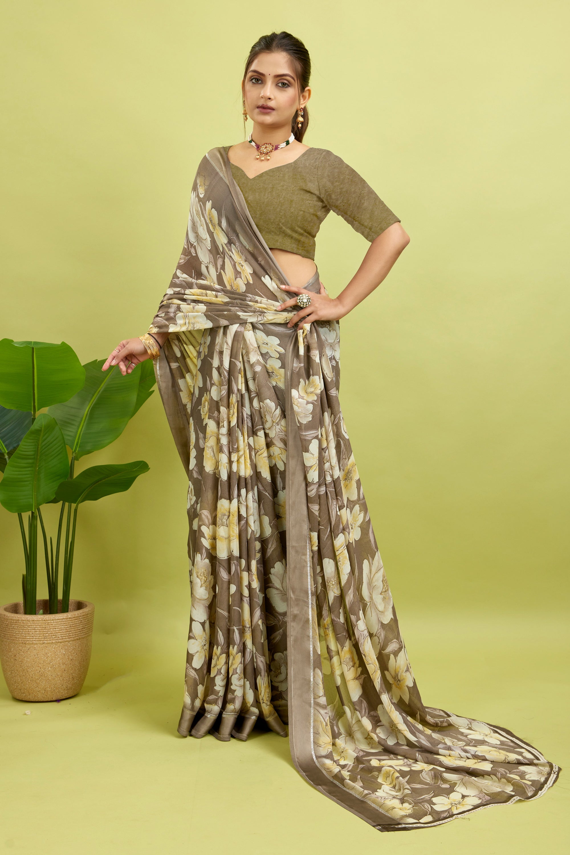 Green Floral Print Bright Moss Satin Border Saree