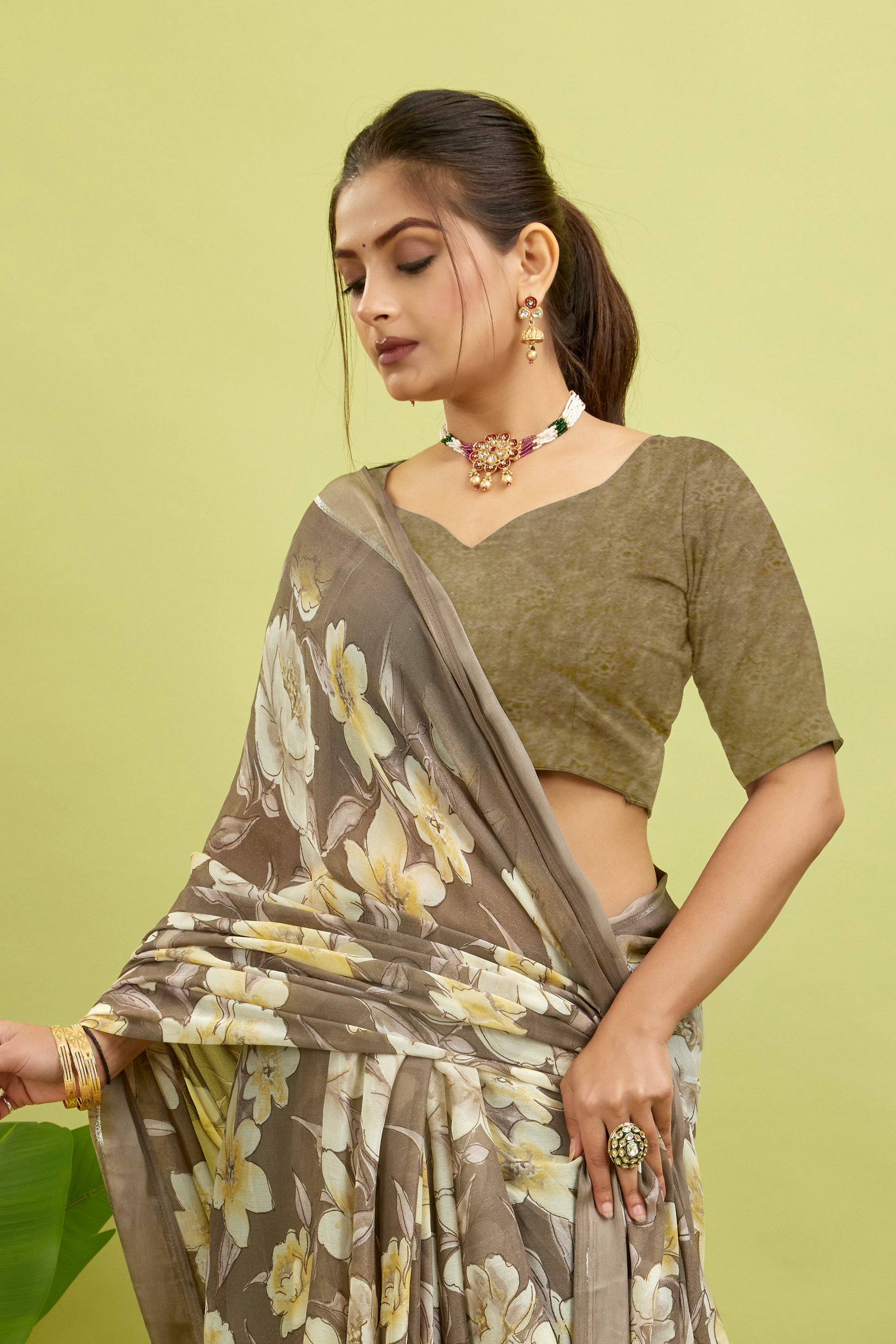 Green Floral Print Bright Moss Satin Border Saree