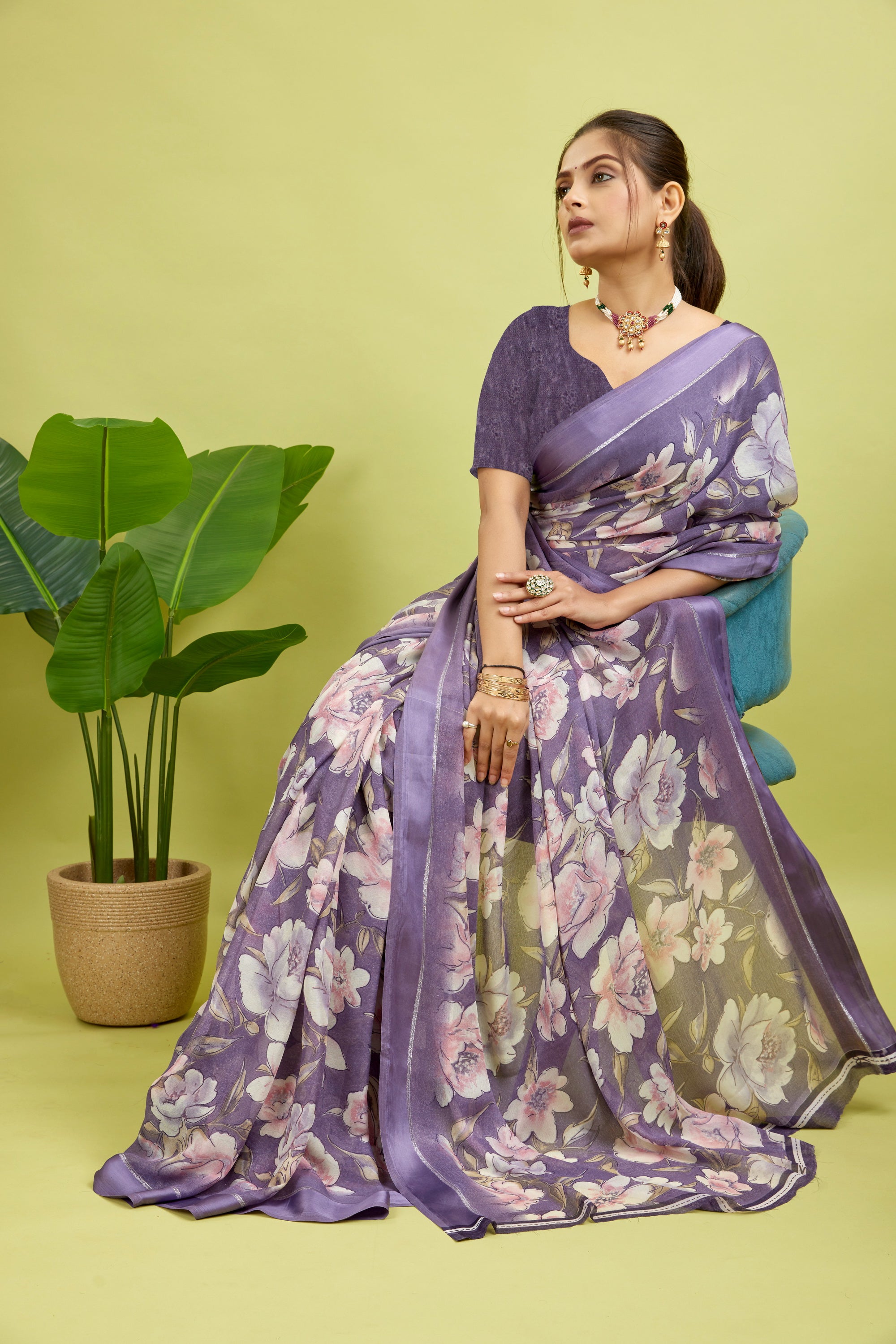 Purple Floral Print Bright Moss Satin Border Saree