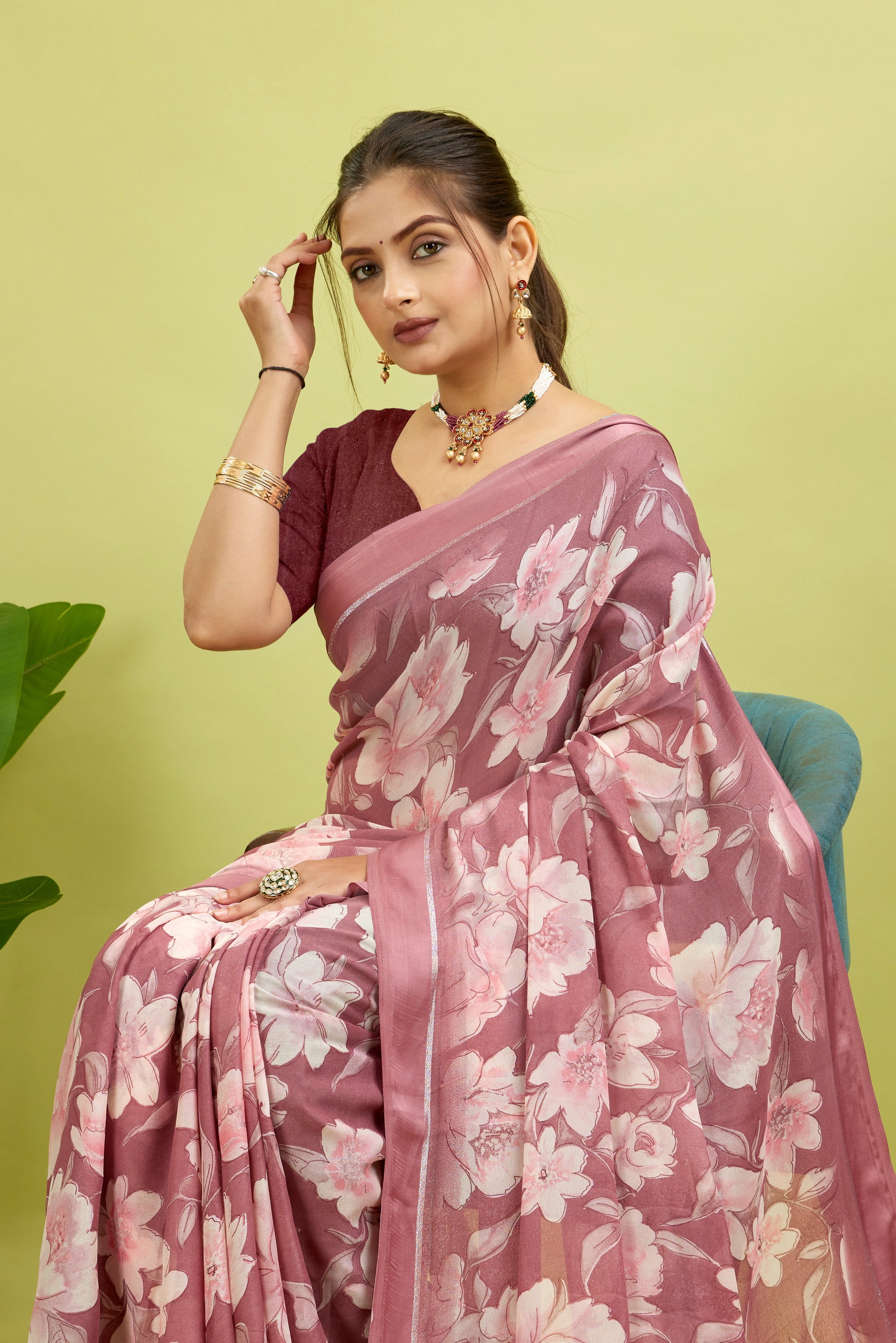 Dark Pink Floral Print Bright Moss Satin Border Saree