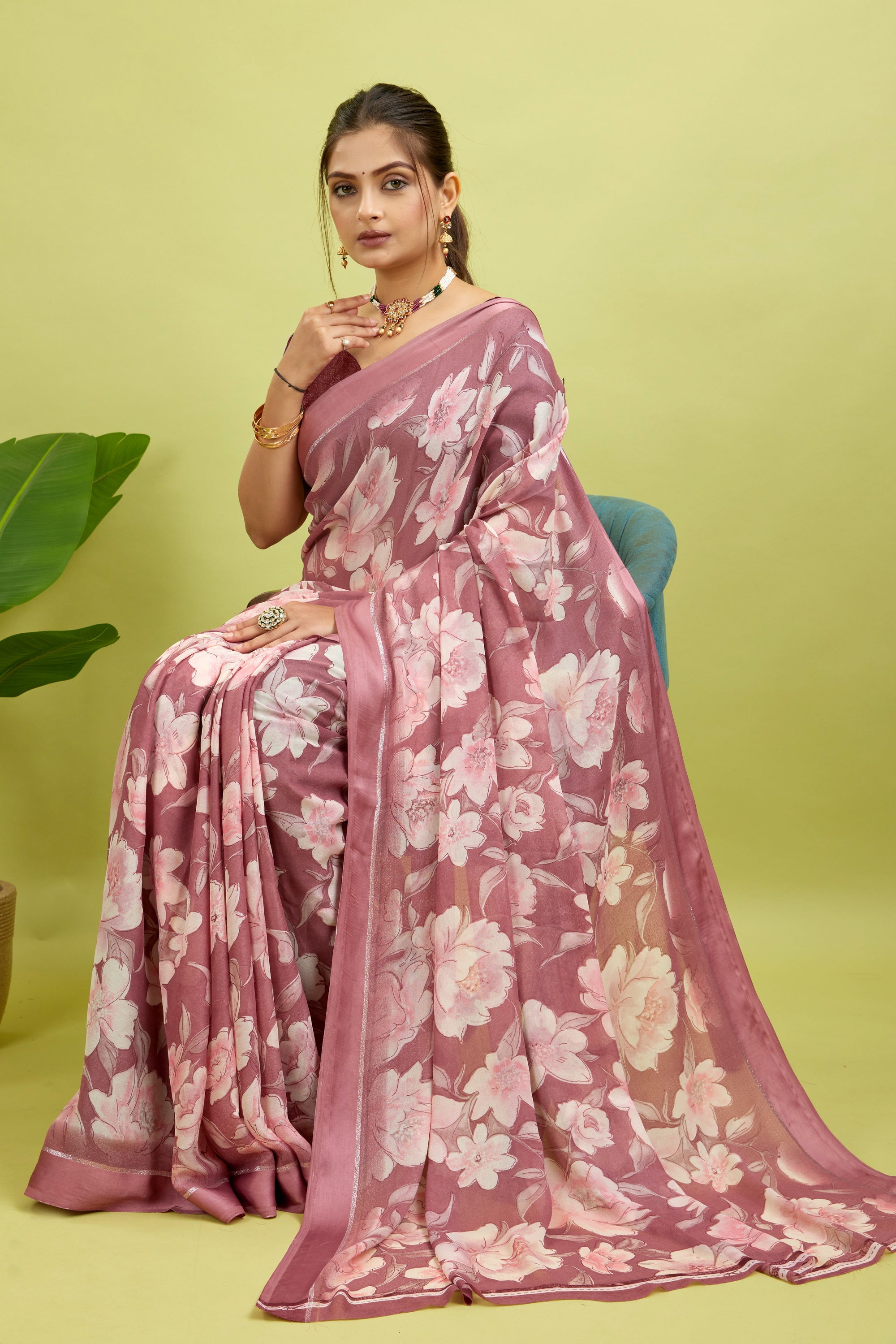 Dark Pink Floral Print Bright Moss Satin Border Saree