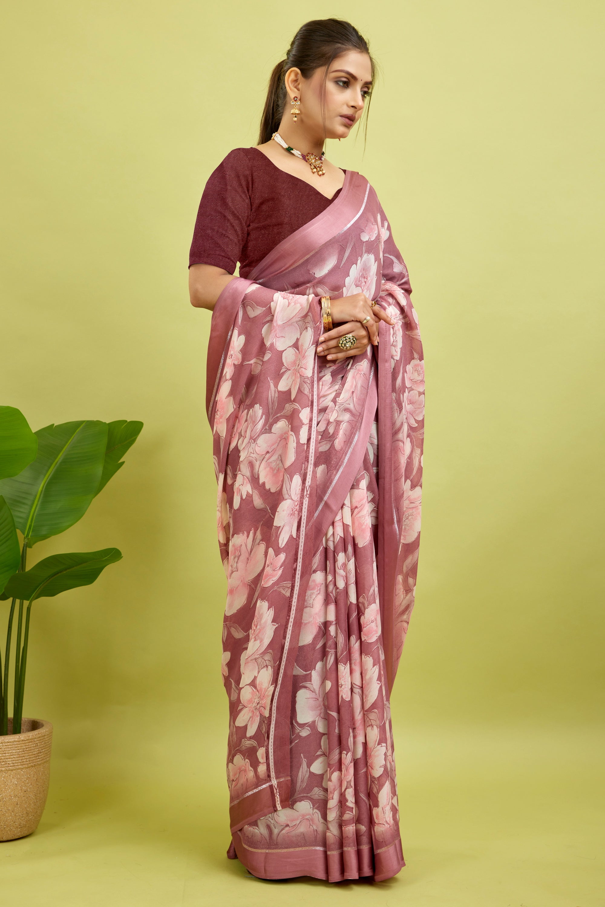 Dark Pink Floral Print Bright Moss Satin Border Saree