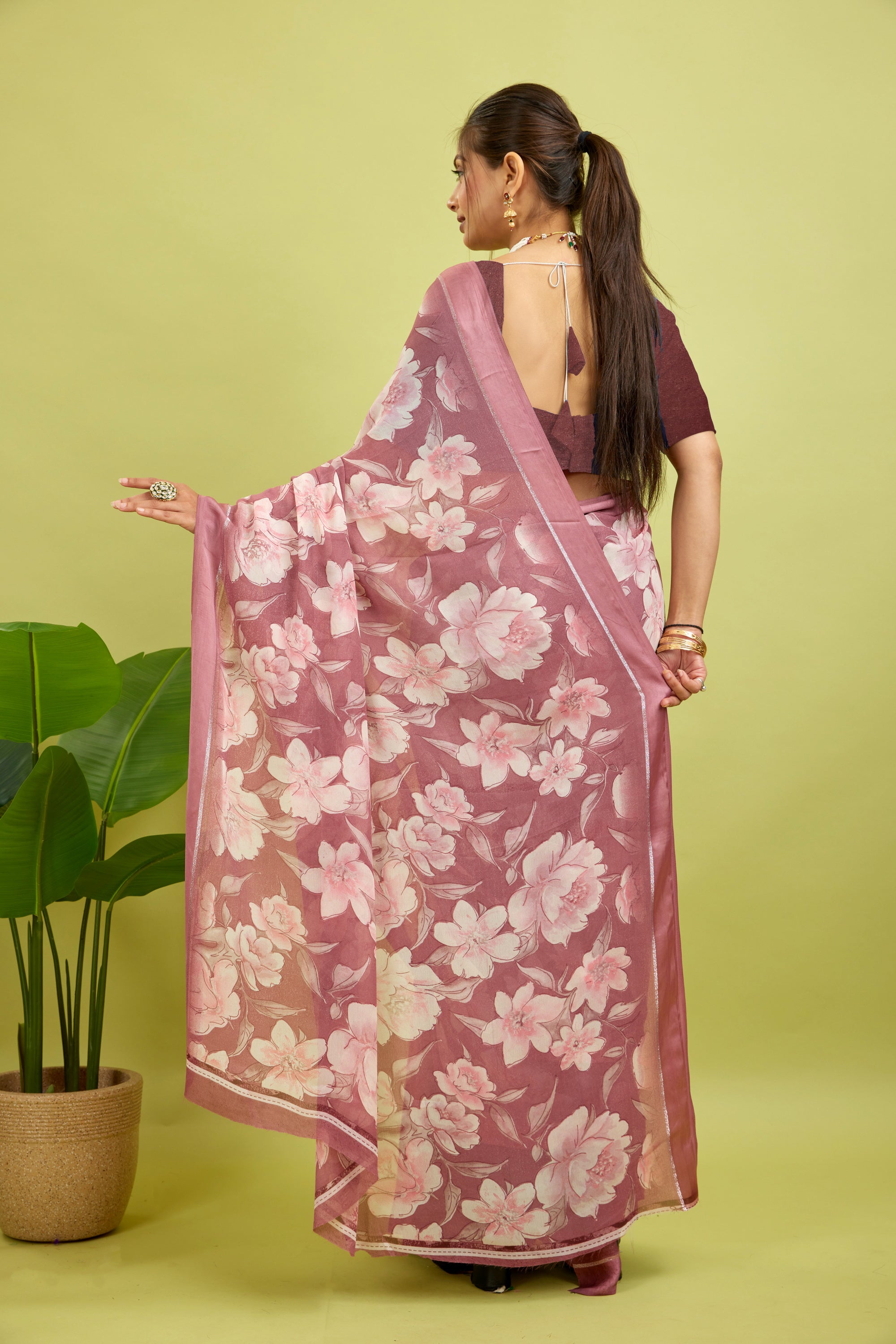 Dark Pink Floral Print Bright Moss Satin Border Saree