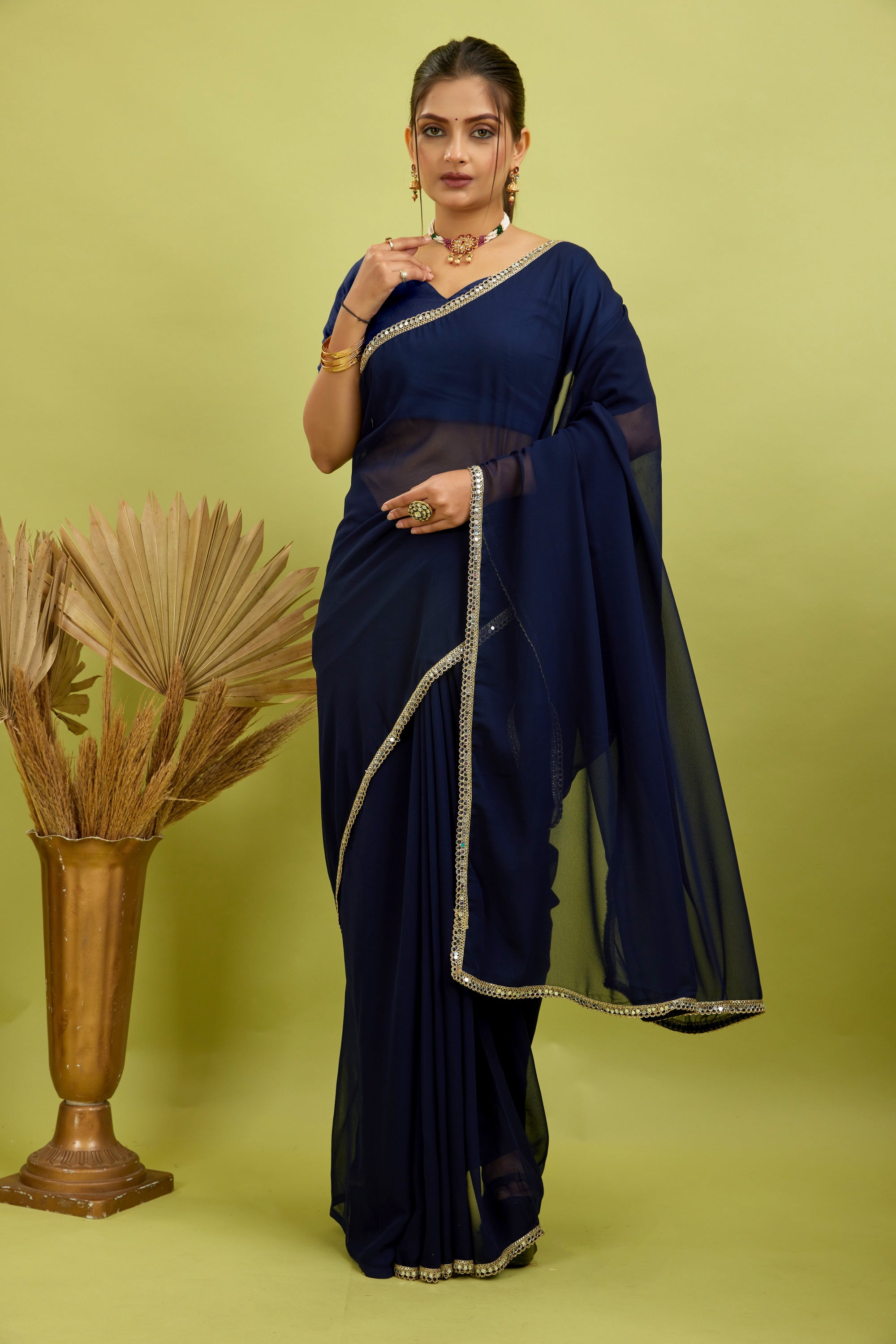 Navy Mirror Lace Georgette Saree