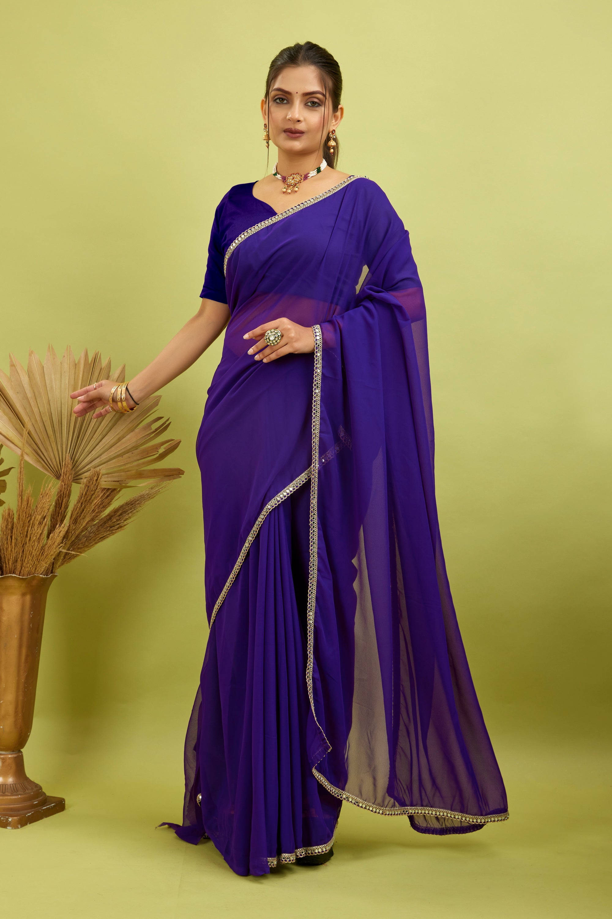 Dark Blue Mirror Lace Georgette Saree