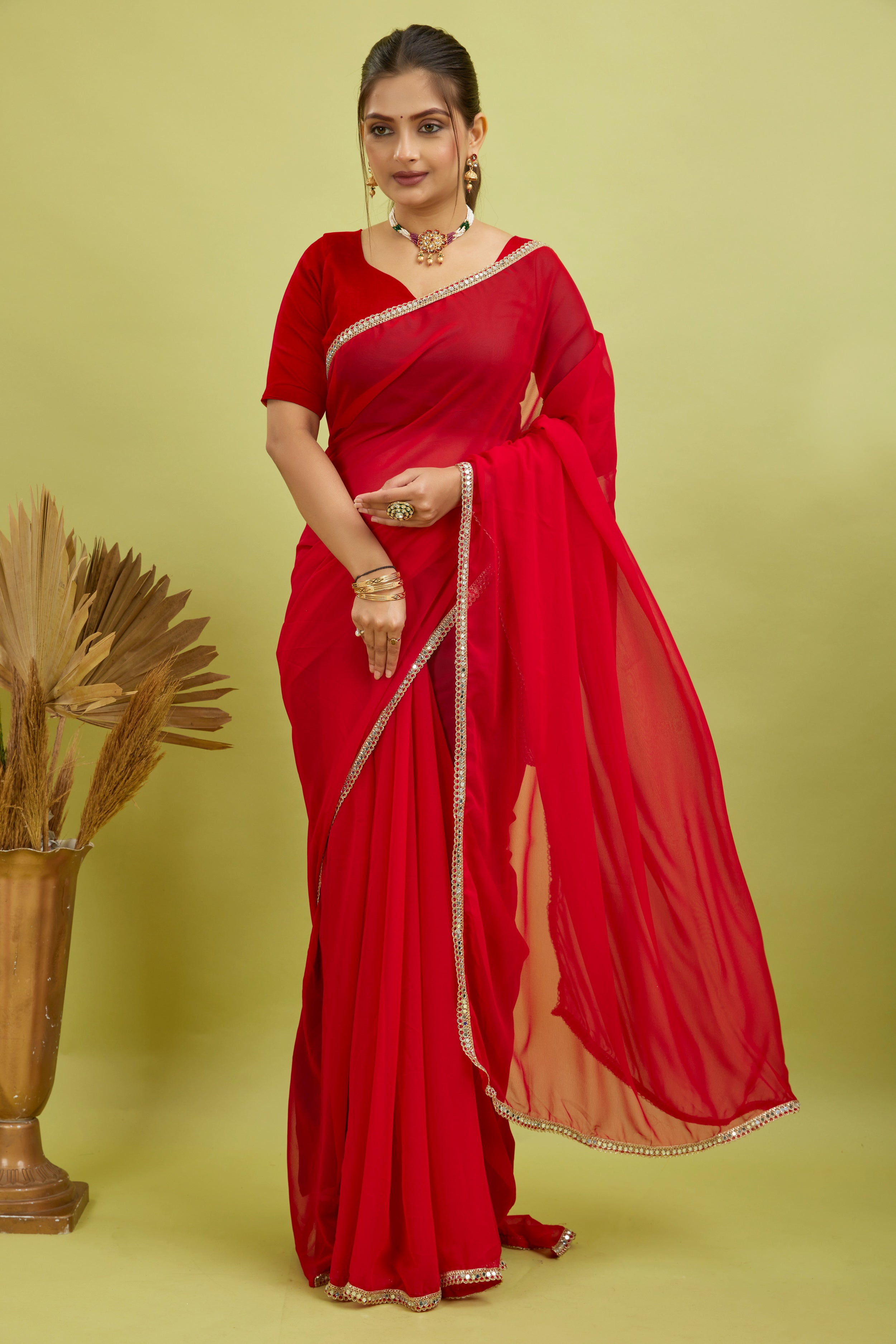 Red Mirror Lace Georgette Saree