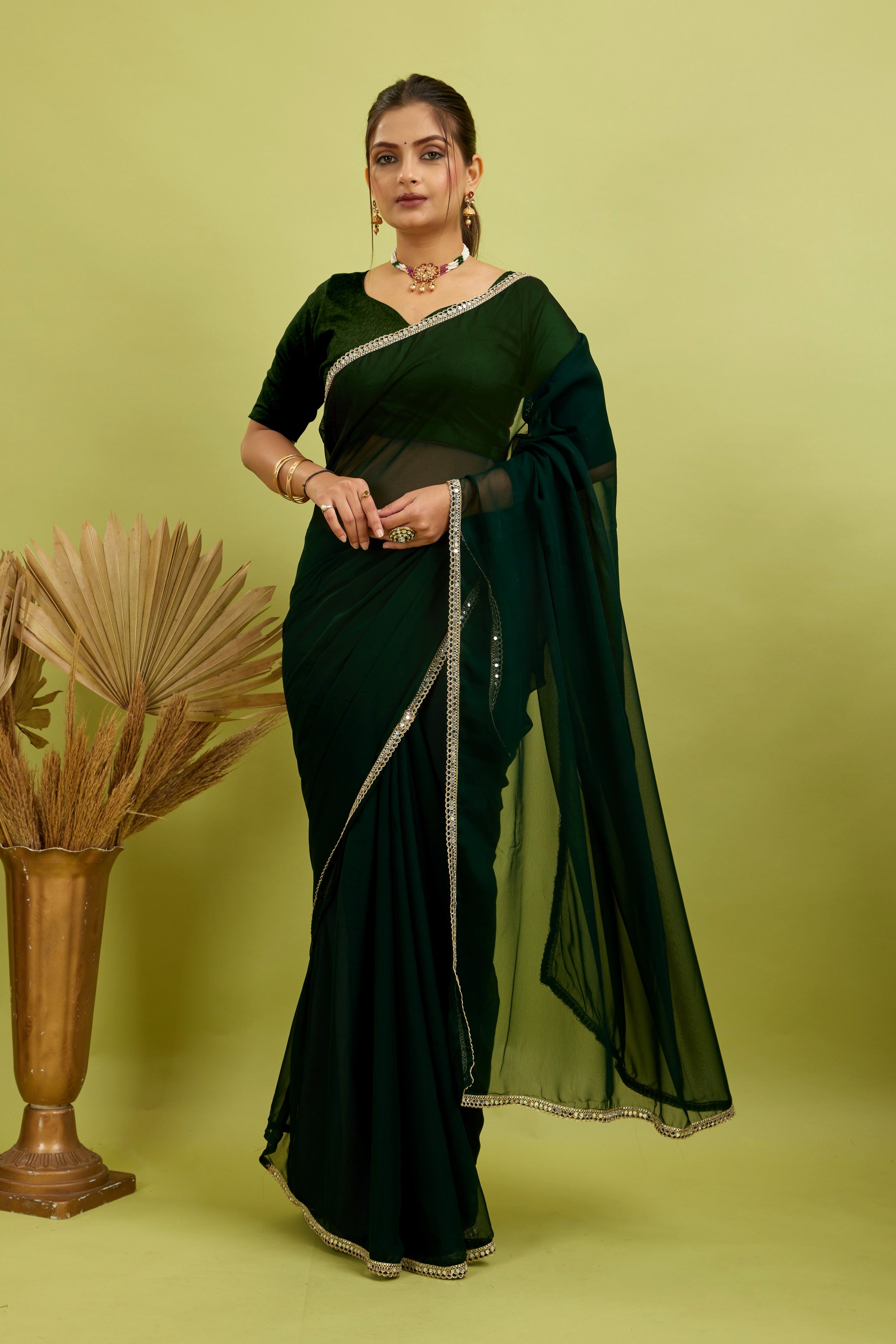 Green Mirror Lace Georgette Saree