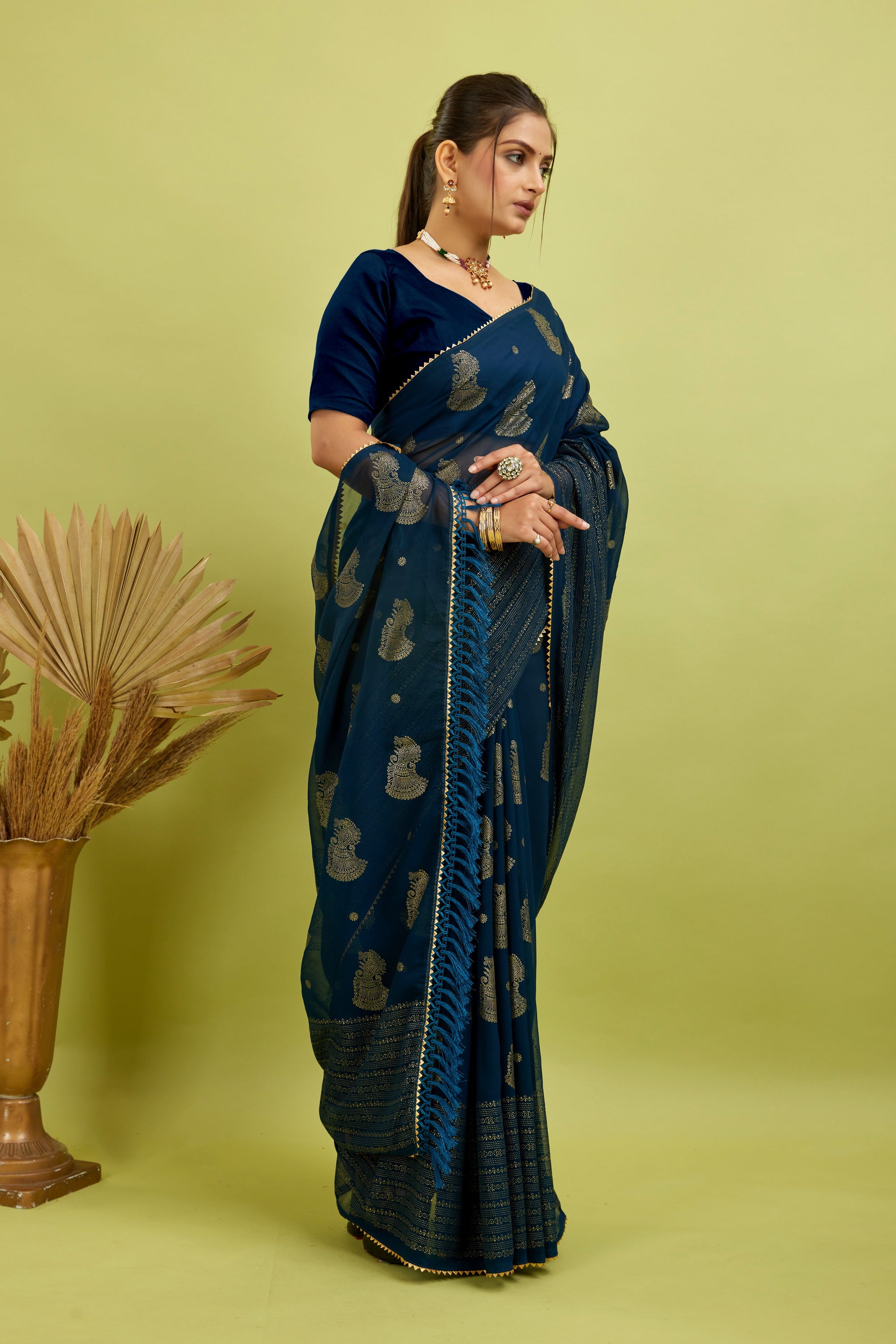 Navy Foil Printed Georgette Saree