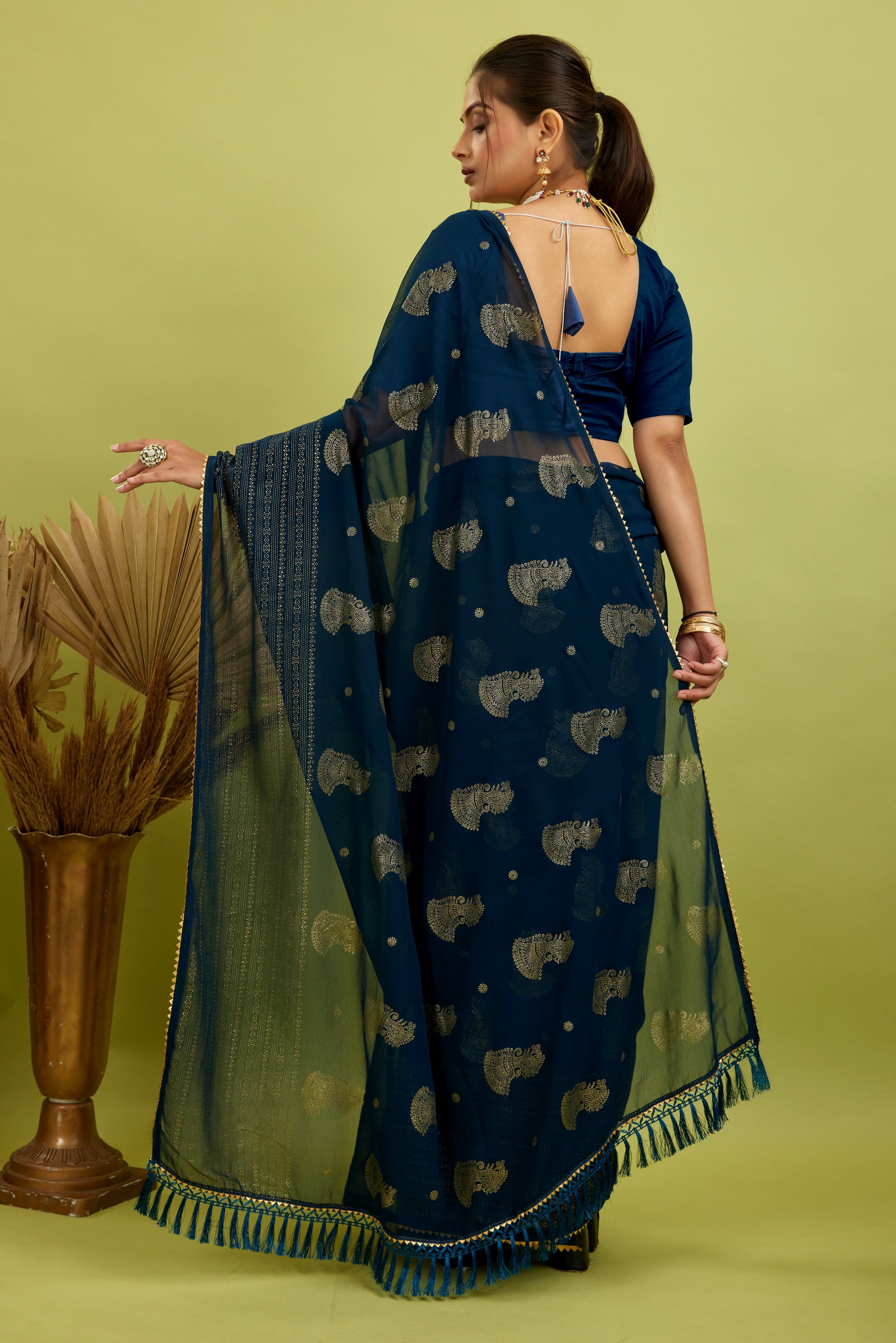 Navy Foil Printed Georgette Saree
