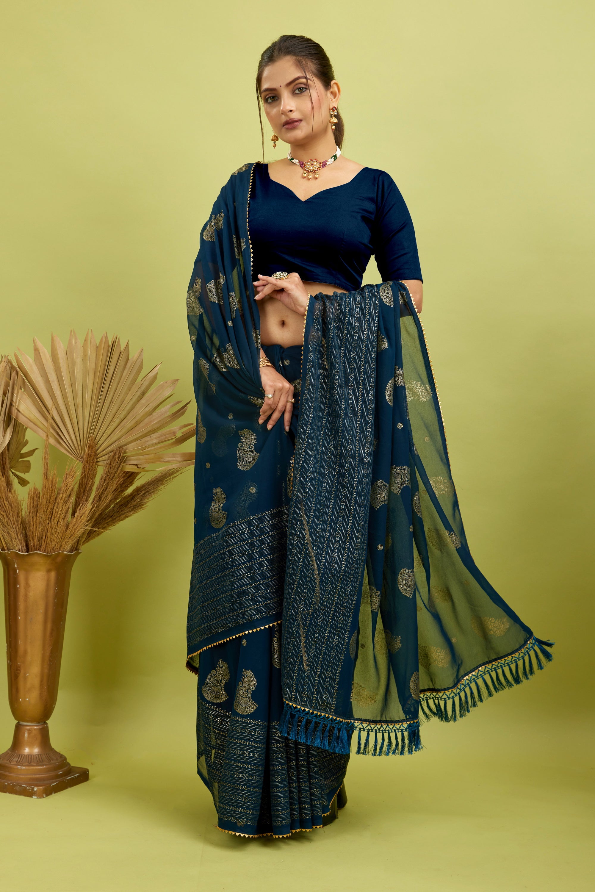 Navy Foil Printed Georgette Saree