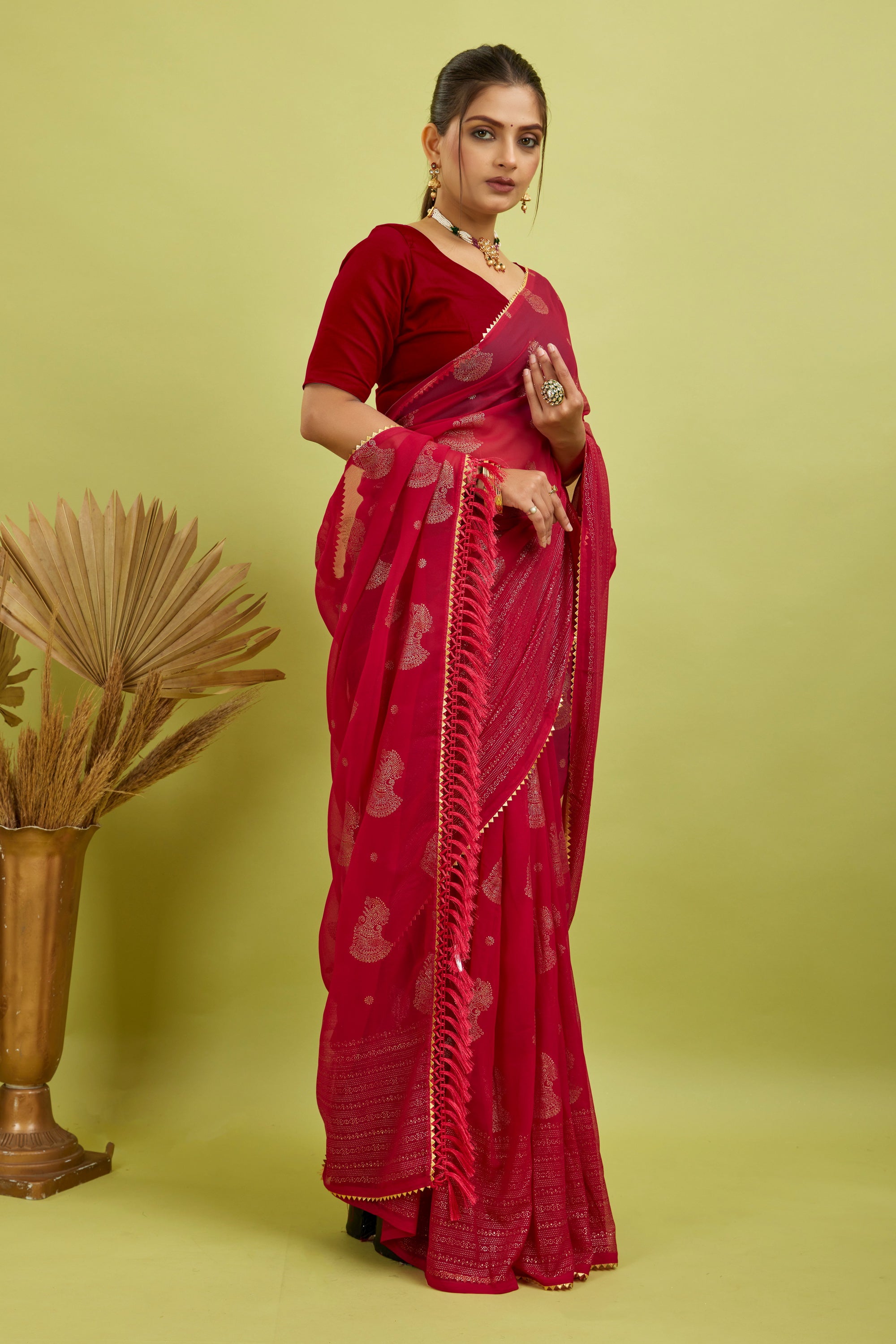 Red Foil Printed Georgette Saree
