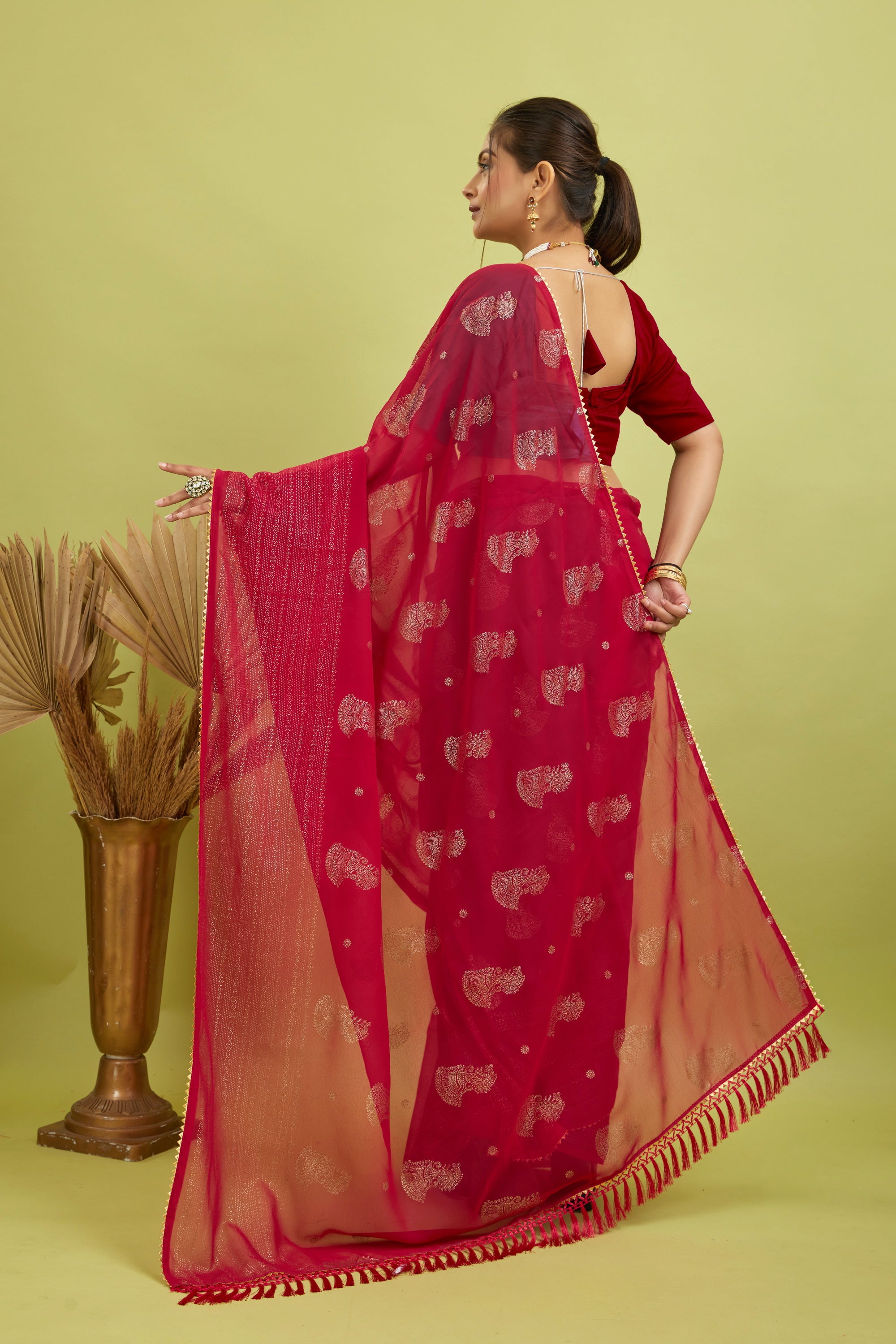 Red Foil Printed Georgette Saree