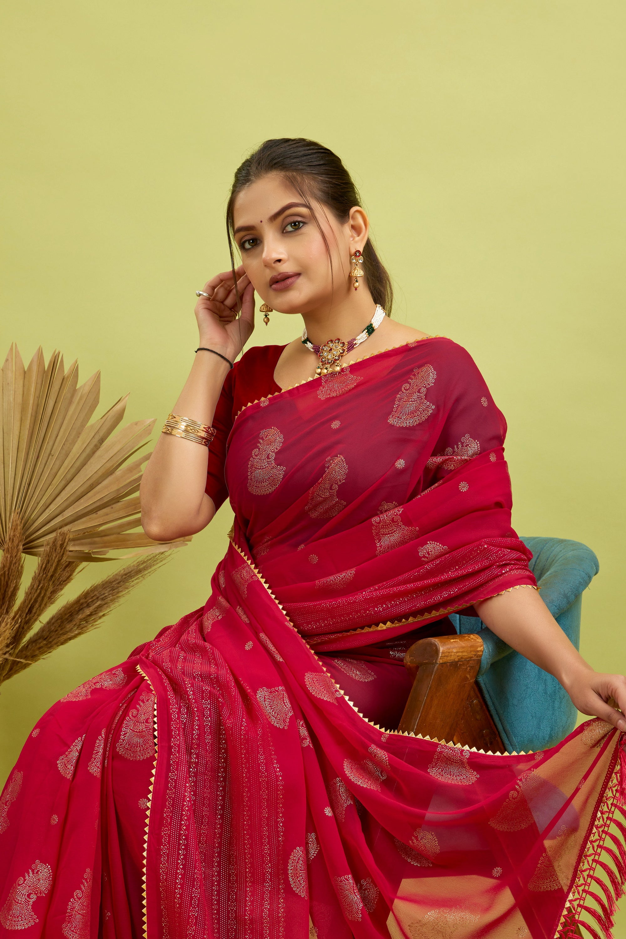 Red Foil Printed Georgette Saree