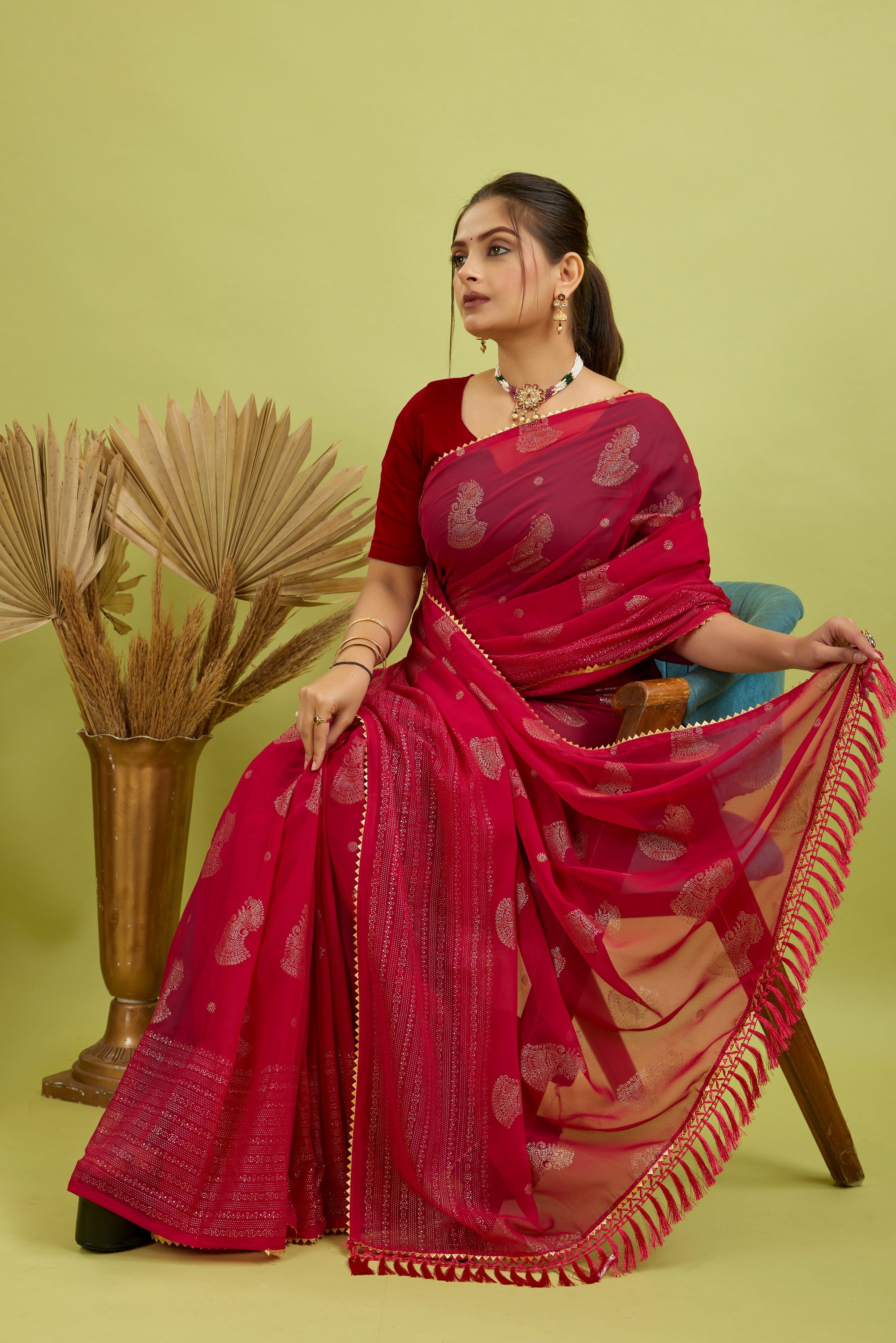 Red Foil Printed Georgette Saree