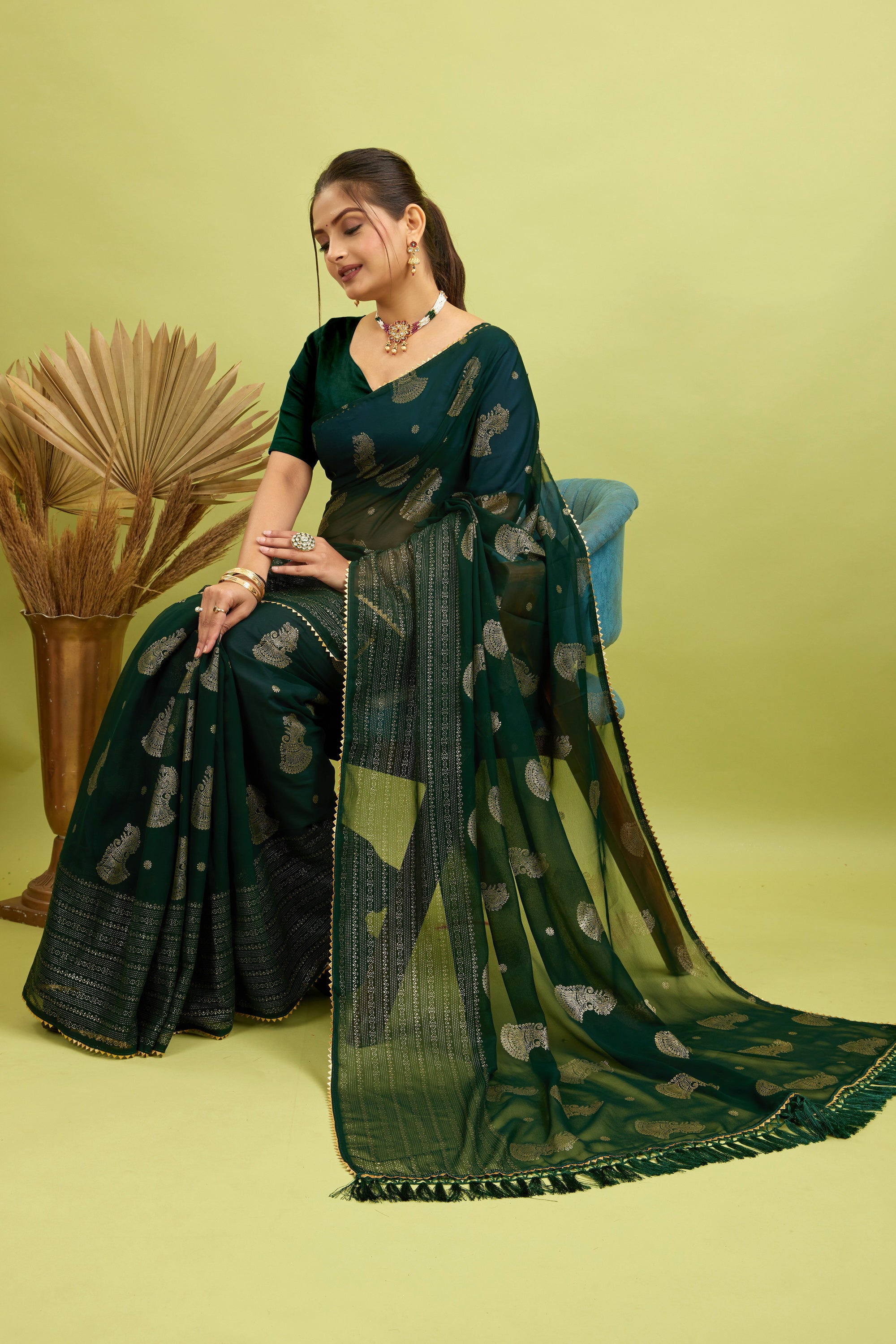 Green Foil Printed Georgette Saree