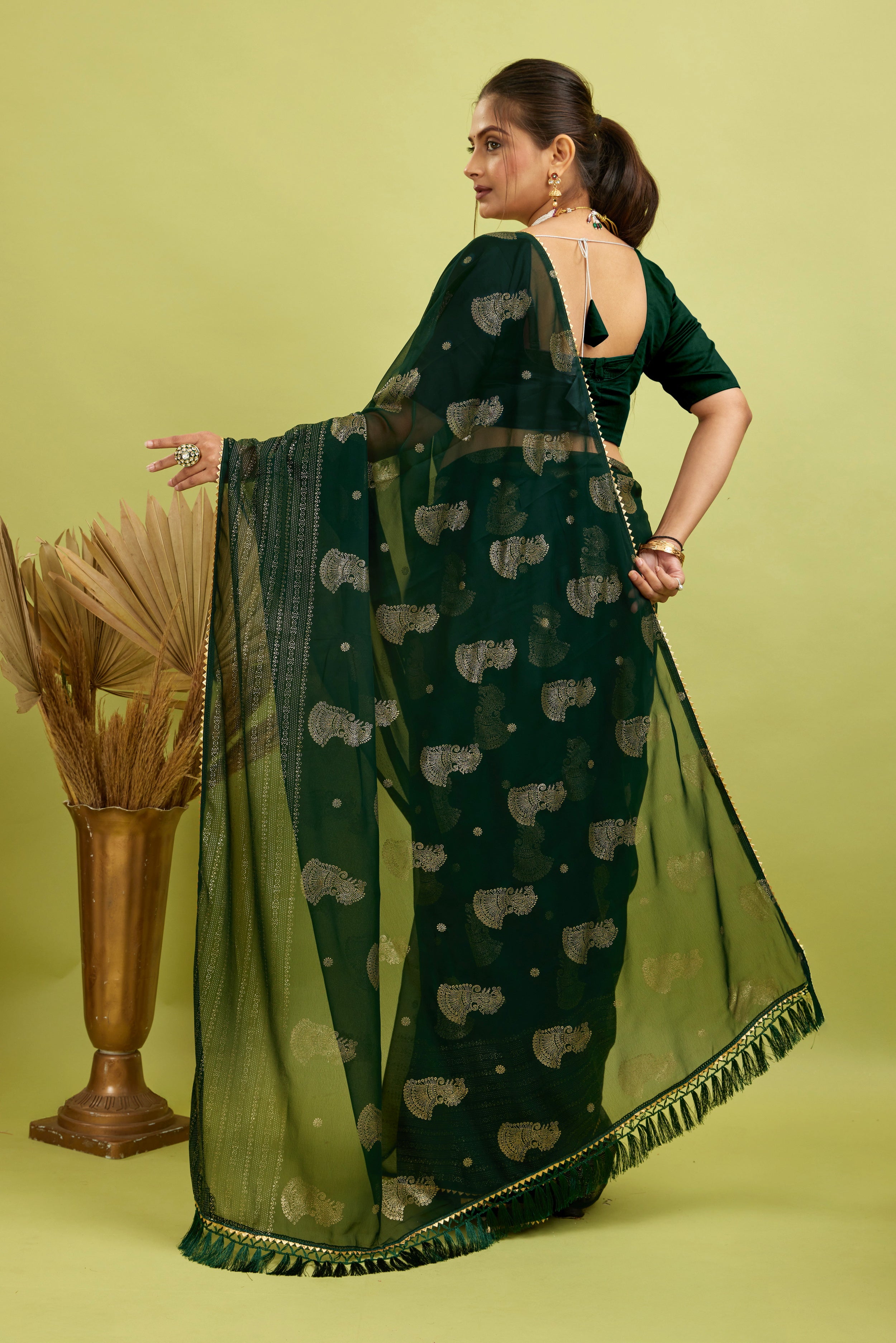 Green Foil Printed Georgette Saree