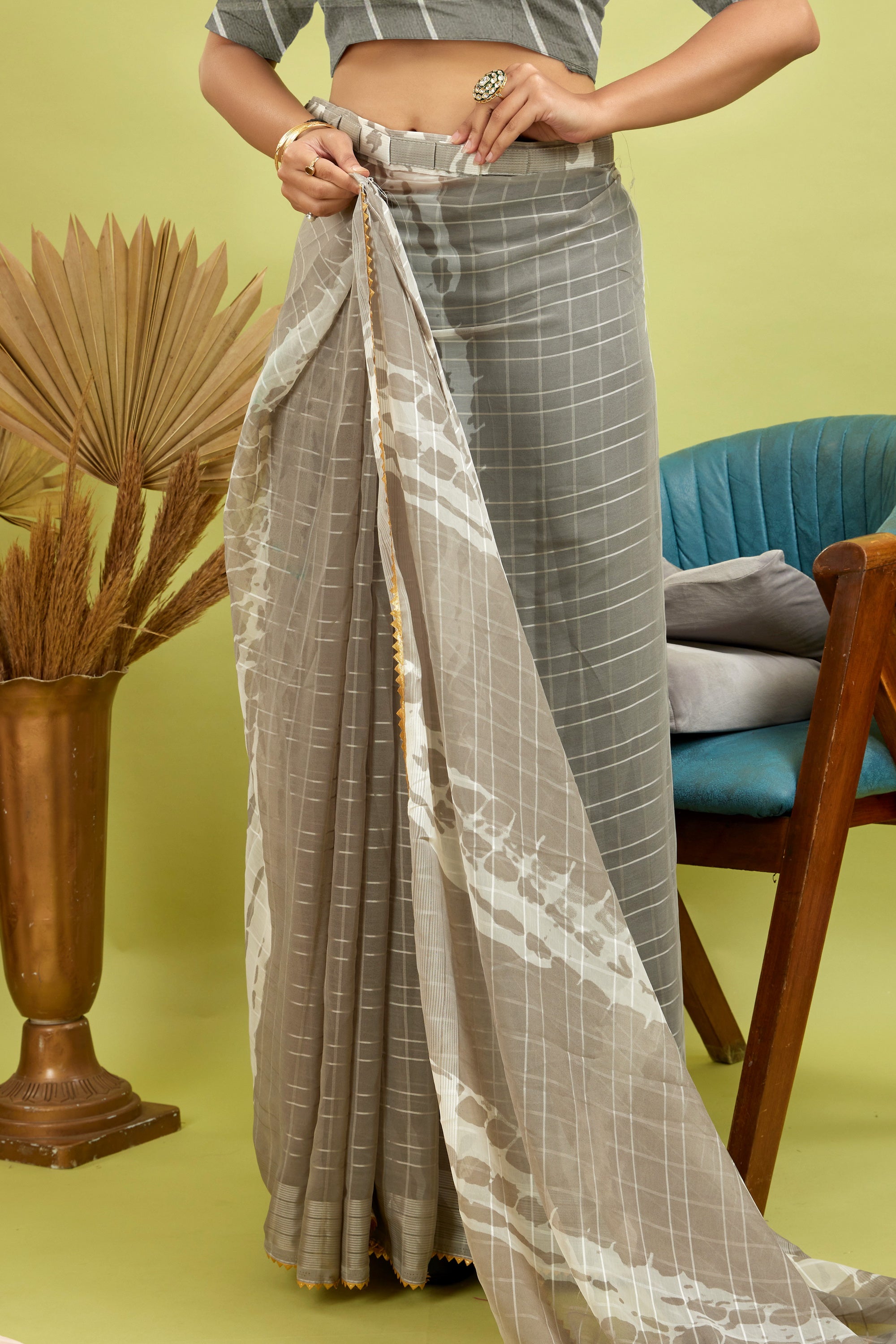 Grey Ready To Wear Digital Printed Georgette Saree