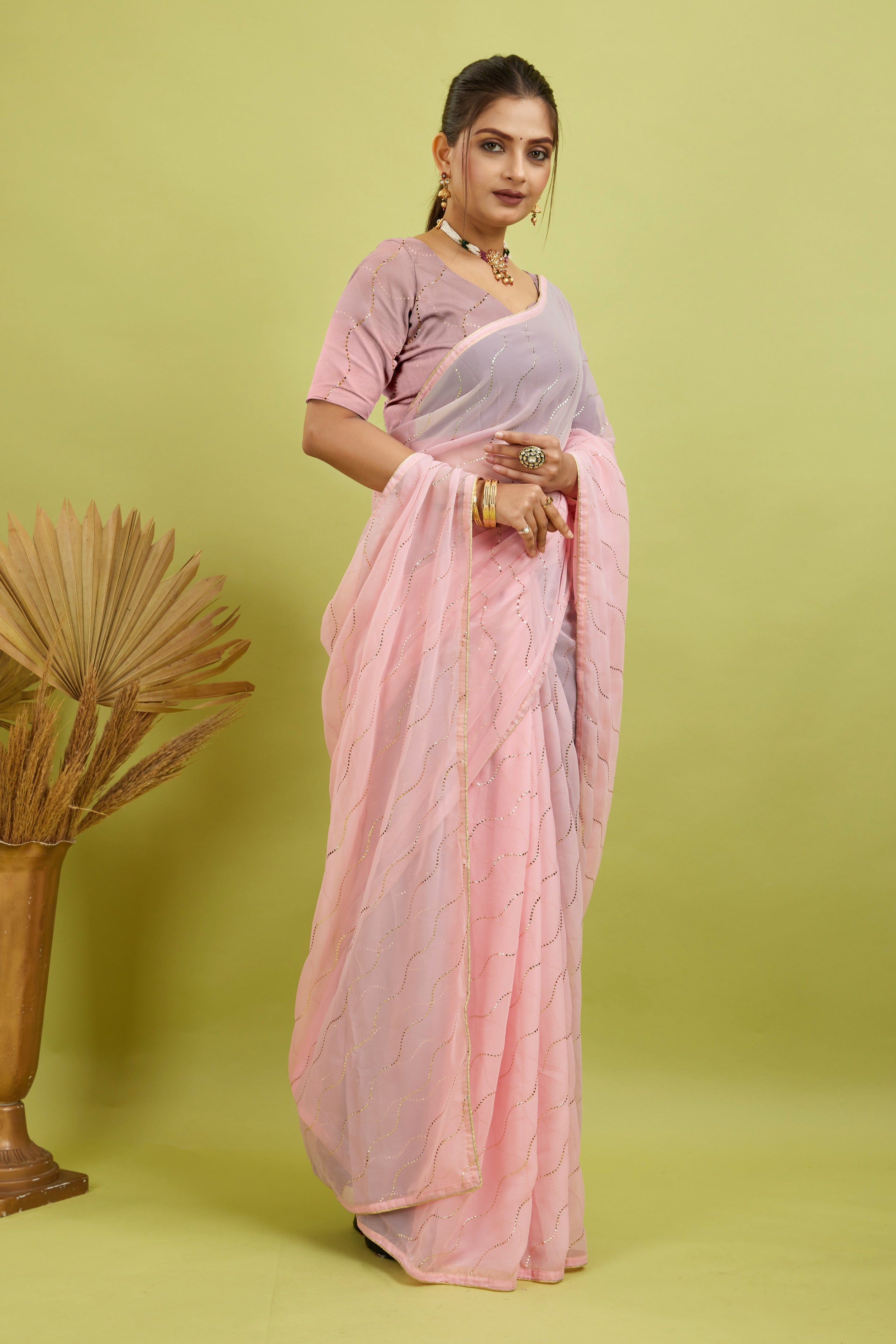 Pink Beaded Swarovski Georgette Fancy Saree