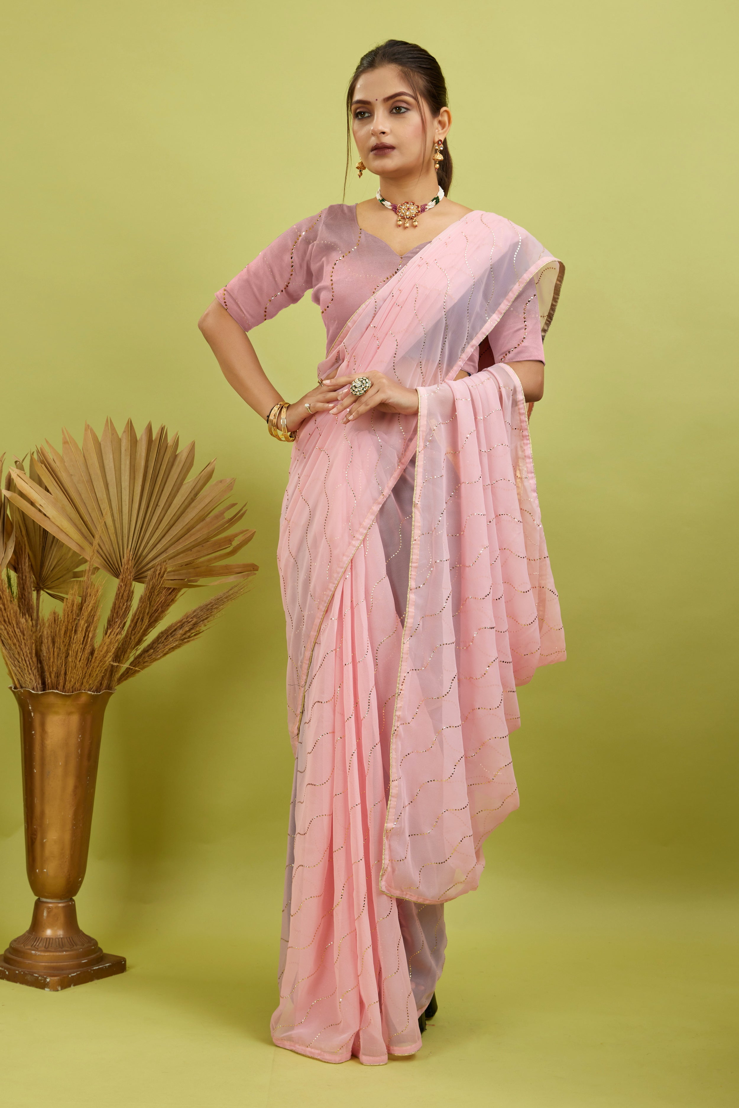 Pink Beaded Swarovski Georgette Fancy Saree