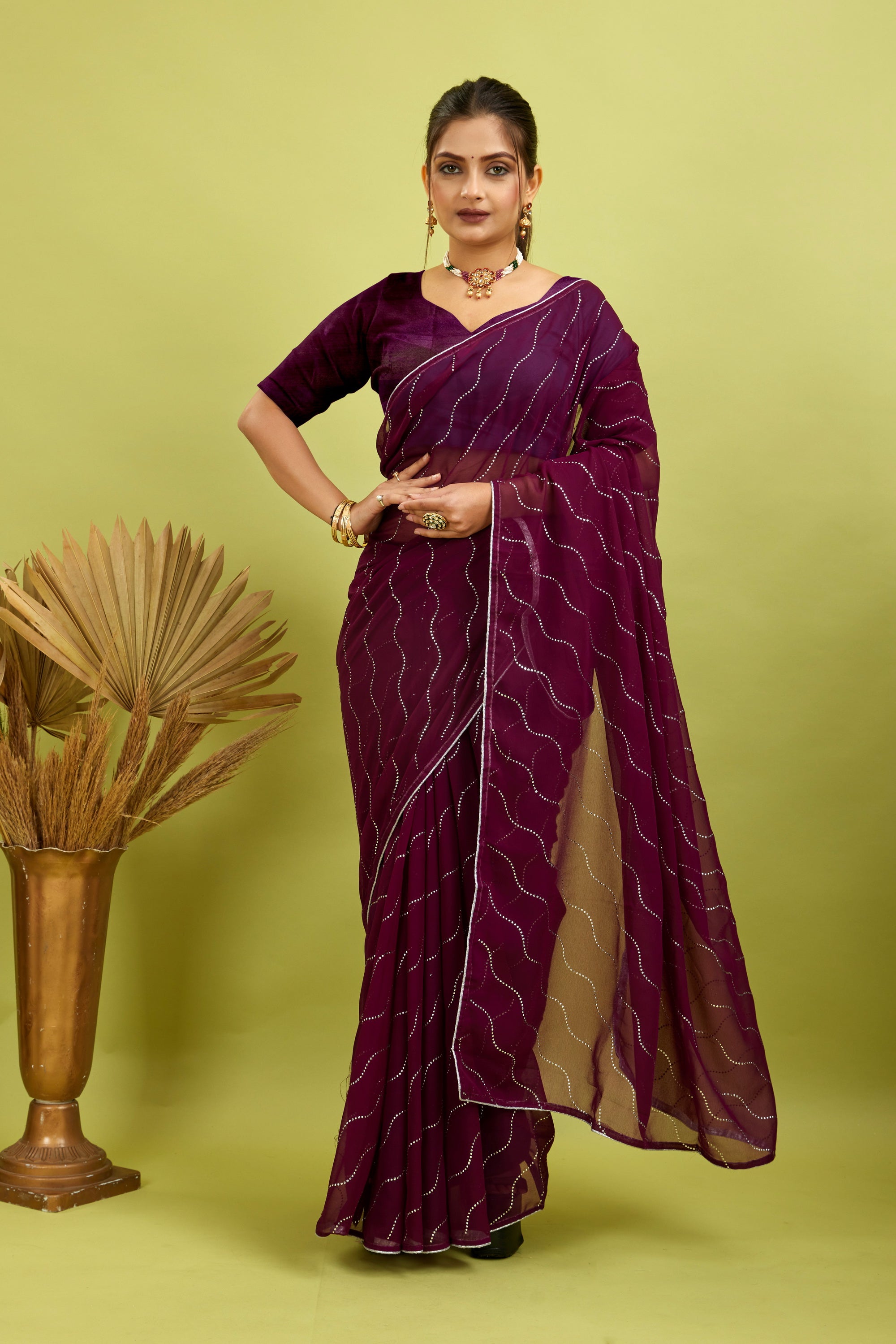 Purple Beaded Swarovski Georgette Fancy Saree