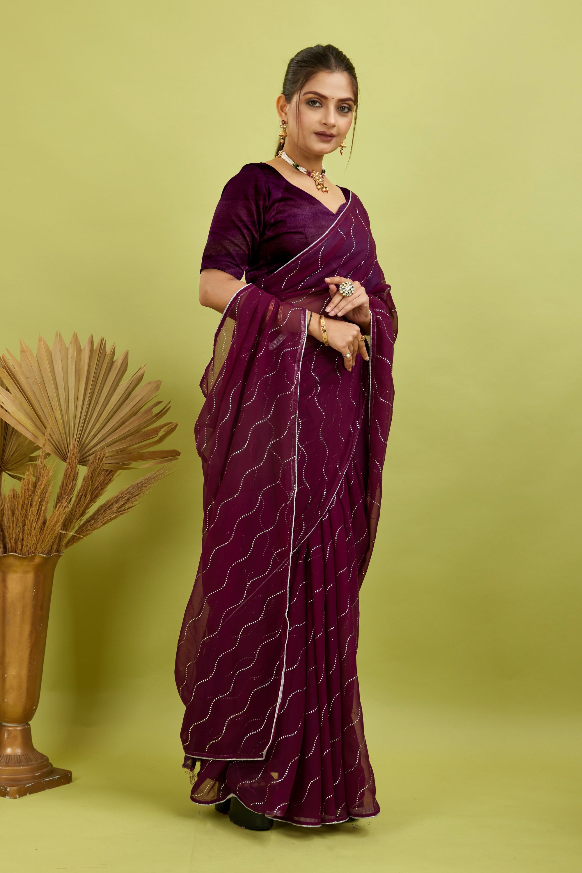 Purple Beaded Swarovski Georgette Fancy Saree