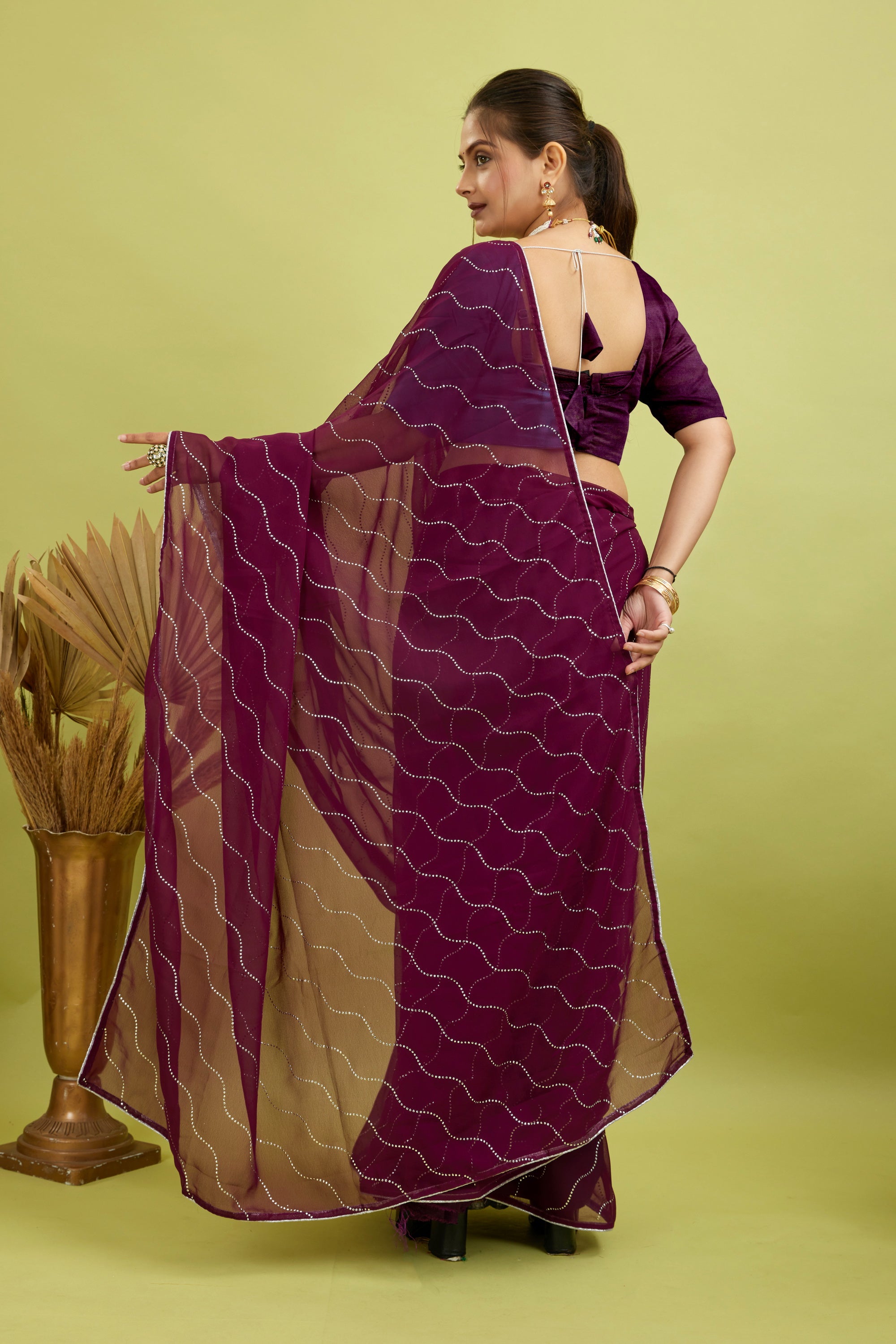 Purple Beaded Swarovski Georgette Fancy Saree