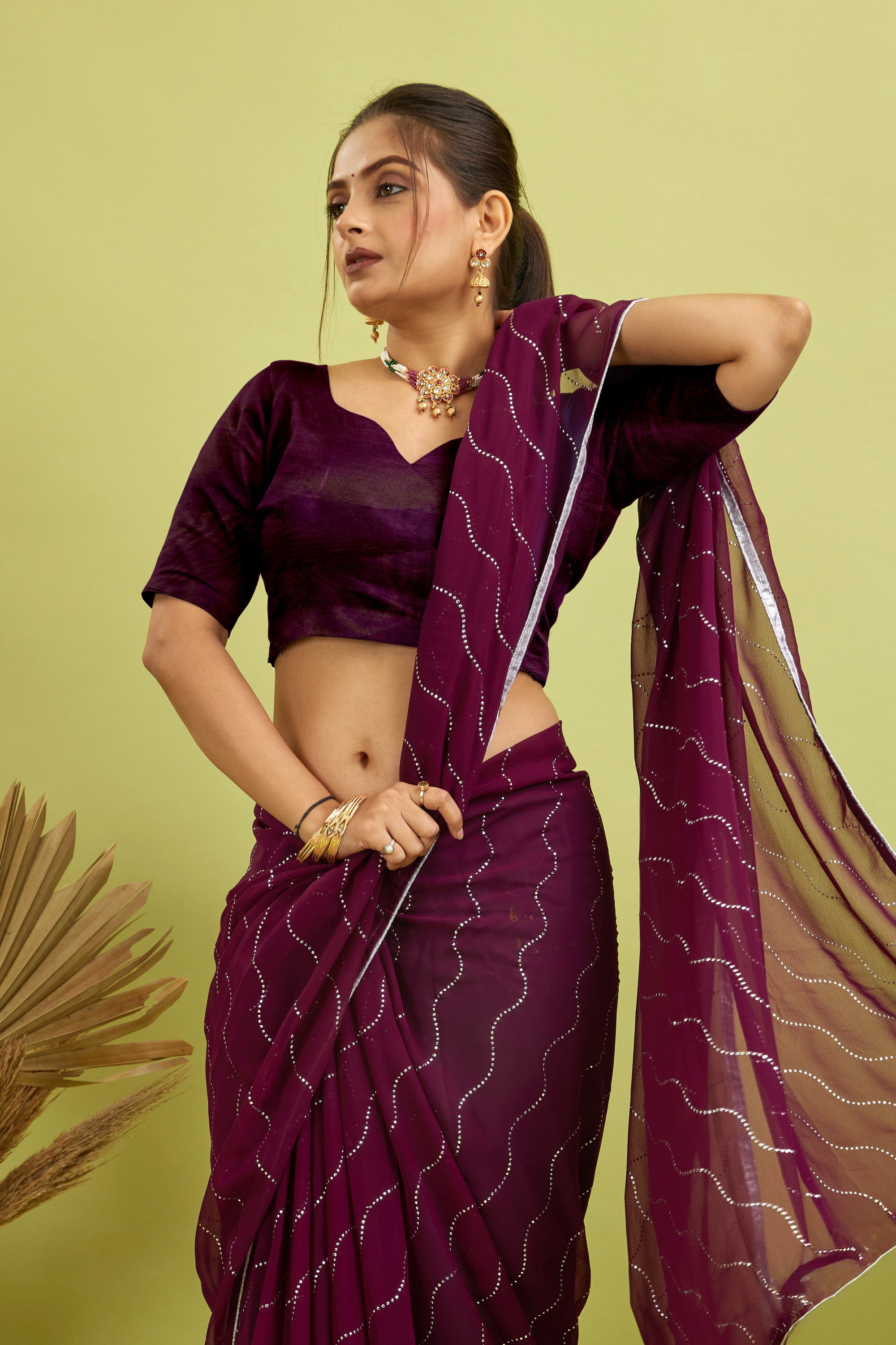 Purple Beaded Swarovski Georgette Fancy Saree