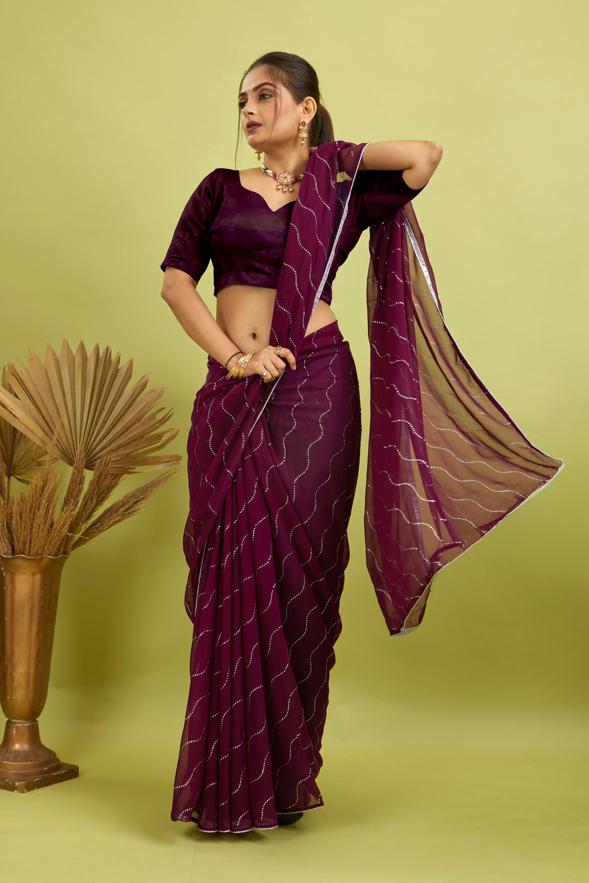 Purple Beaded Swarovski Georgette Fancy Saree