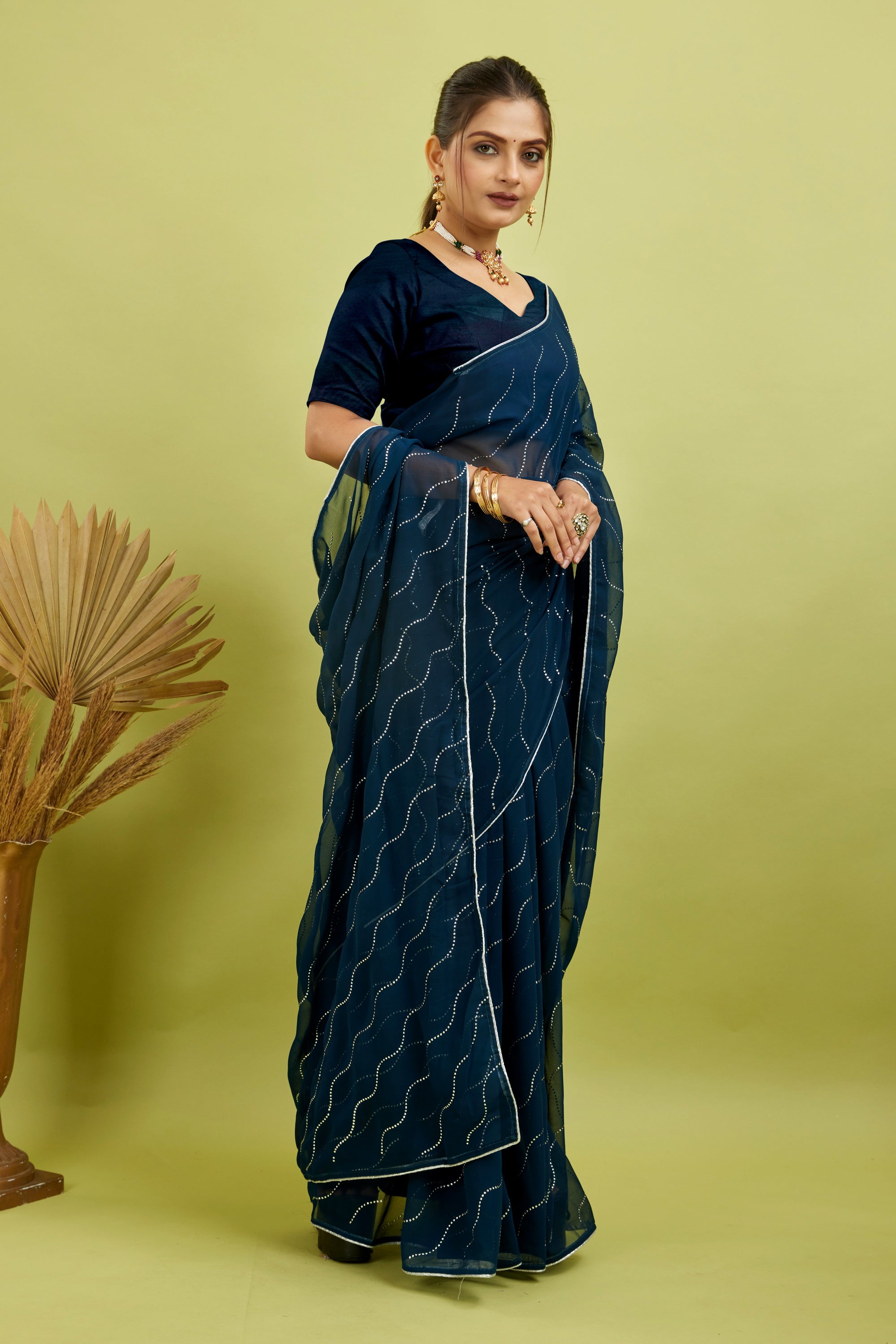 Blue Beaded Swarovski Georgette Fancy Saree
