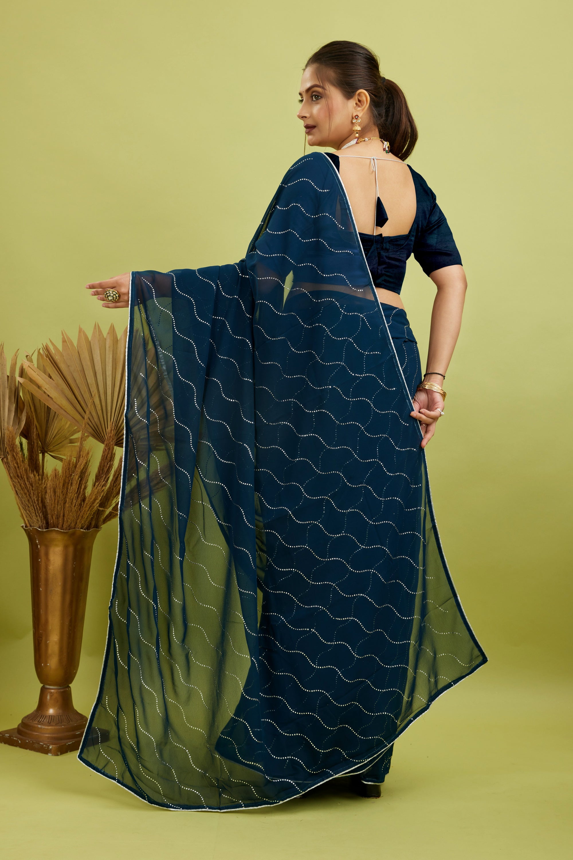 Blue Beaded Swarovski Georgette Fancy Saree