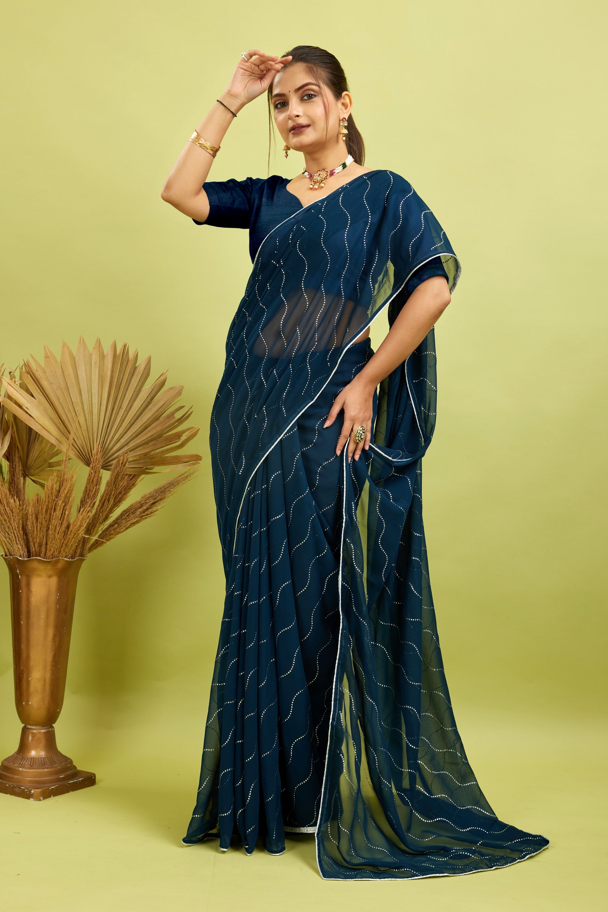 Blue Beaded Swarovski Georgette Fancy Saree