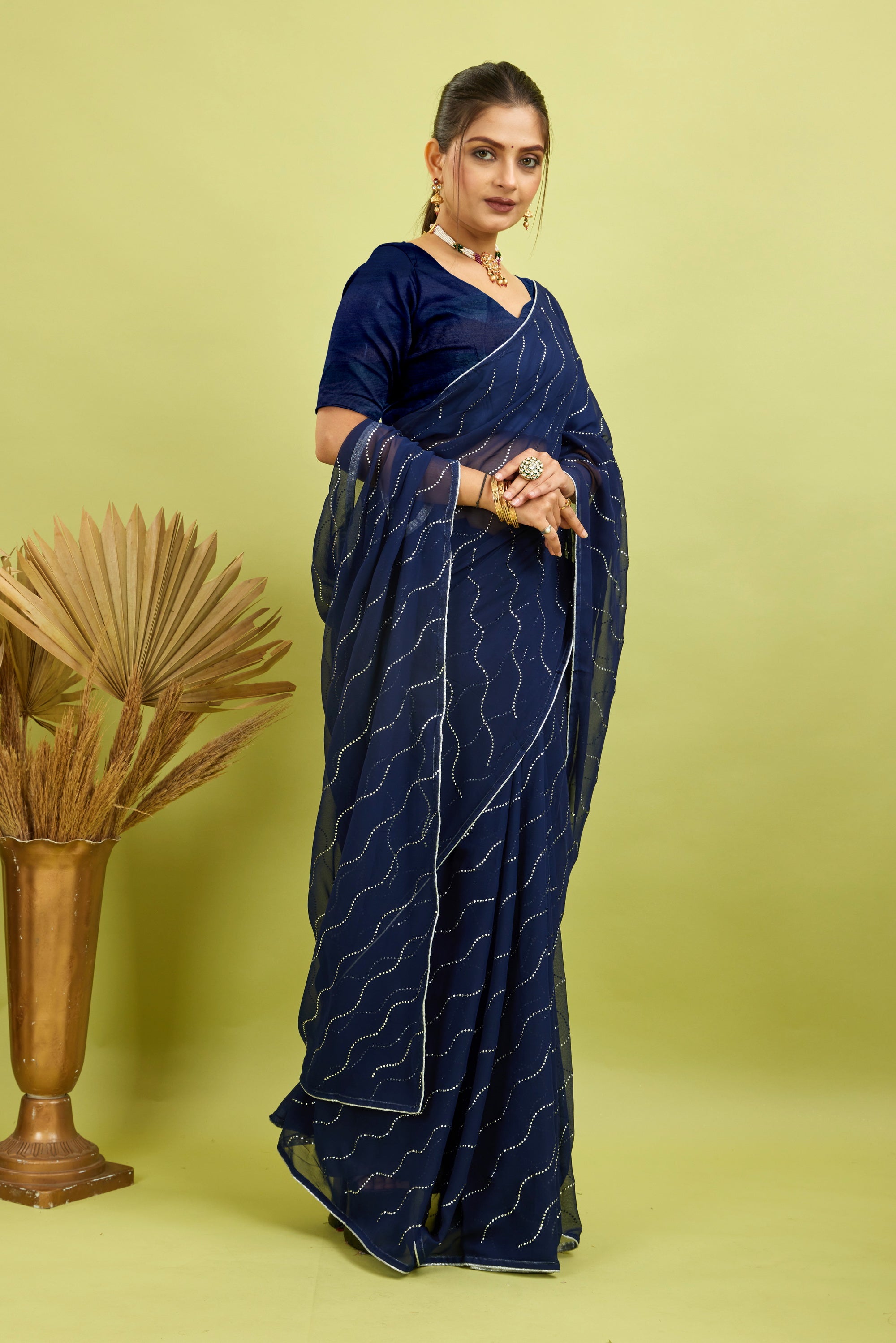 Navy Beaded Swarovski Georgette Fancy Saree