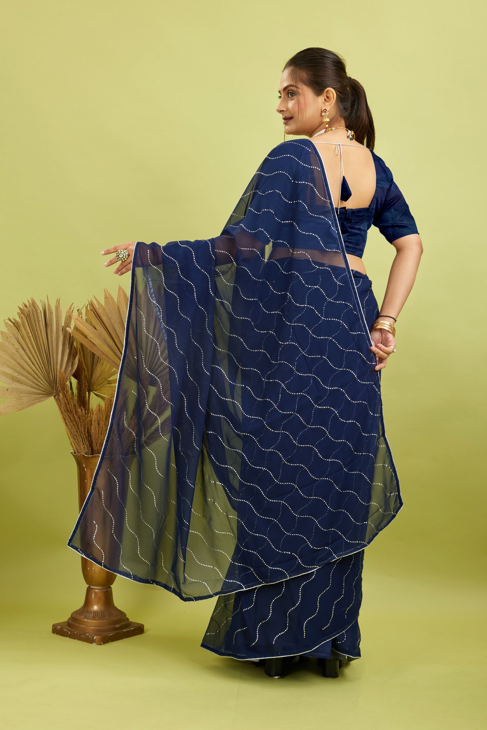 Navy Beaded Swarovski Georgette Fancy Saree