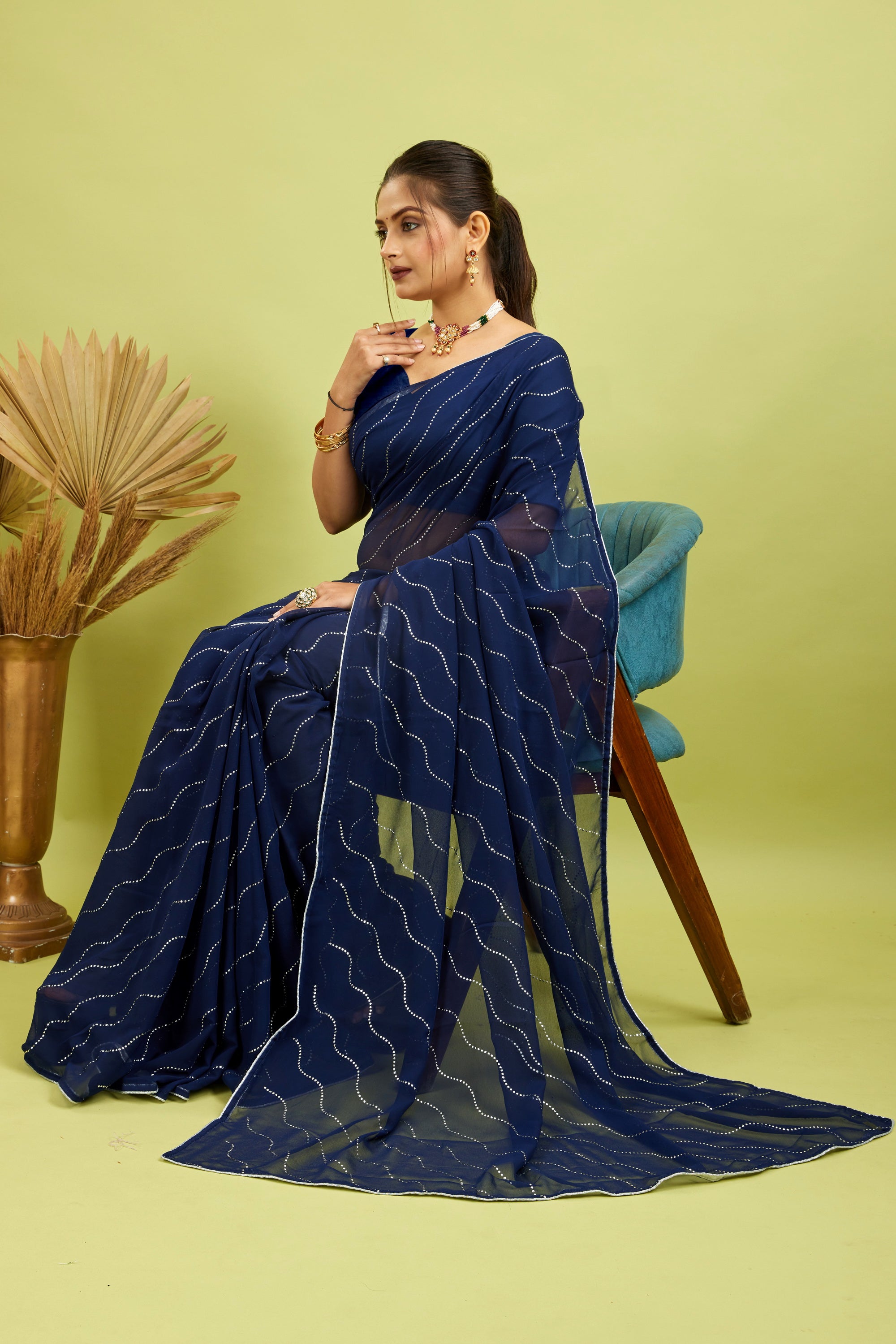 Navy Beaded Swarovski Georgette Fancy Saree