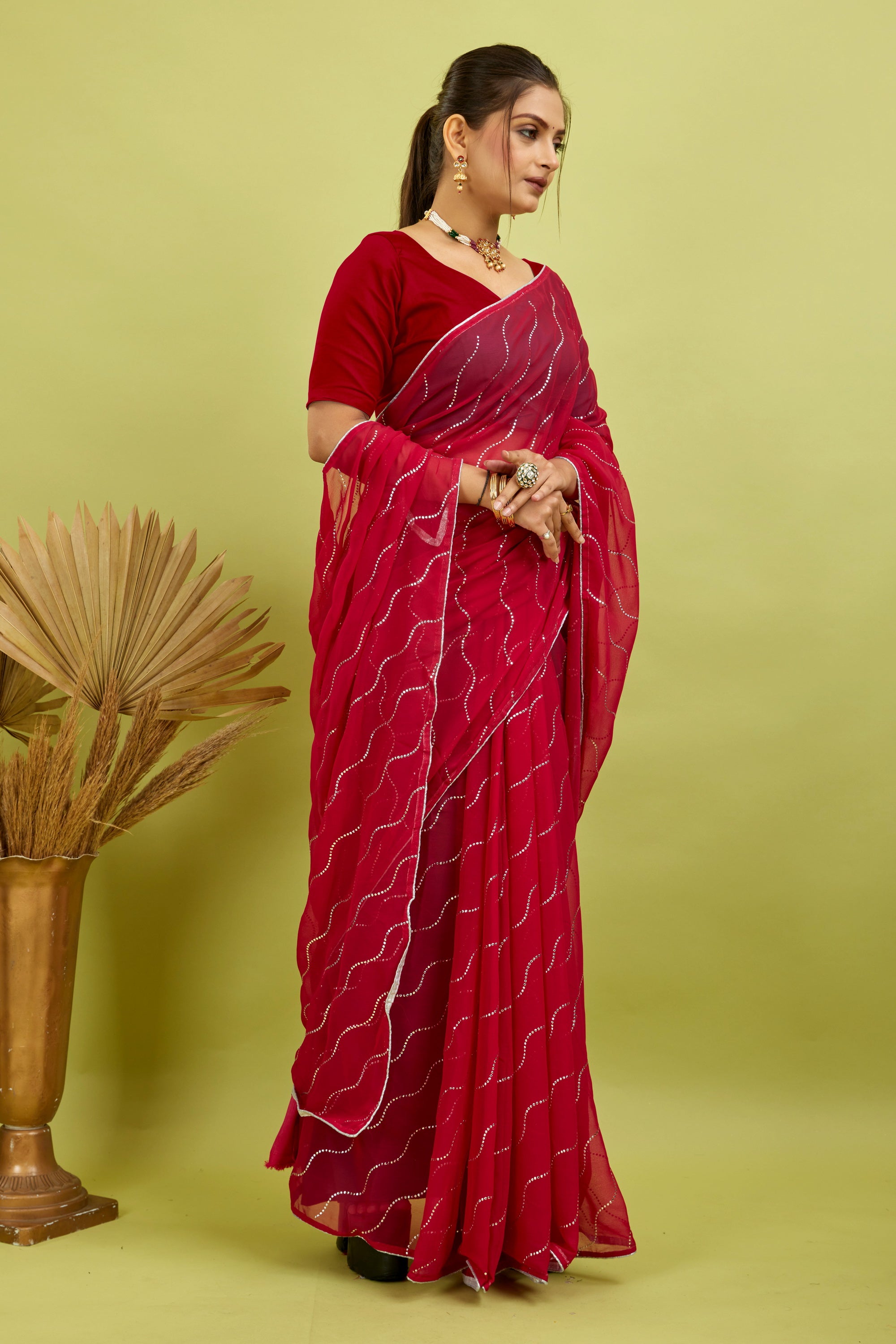 Red Beaded Swarovski Georgette Fancy Saree