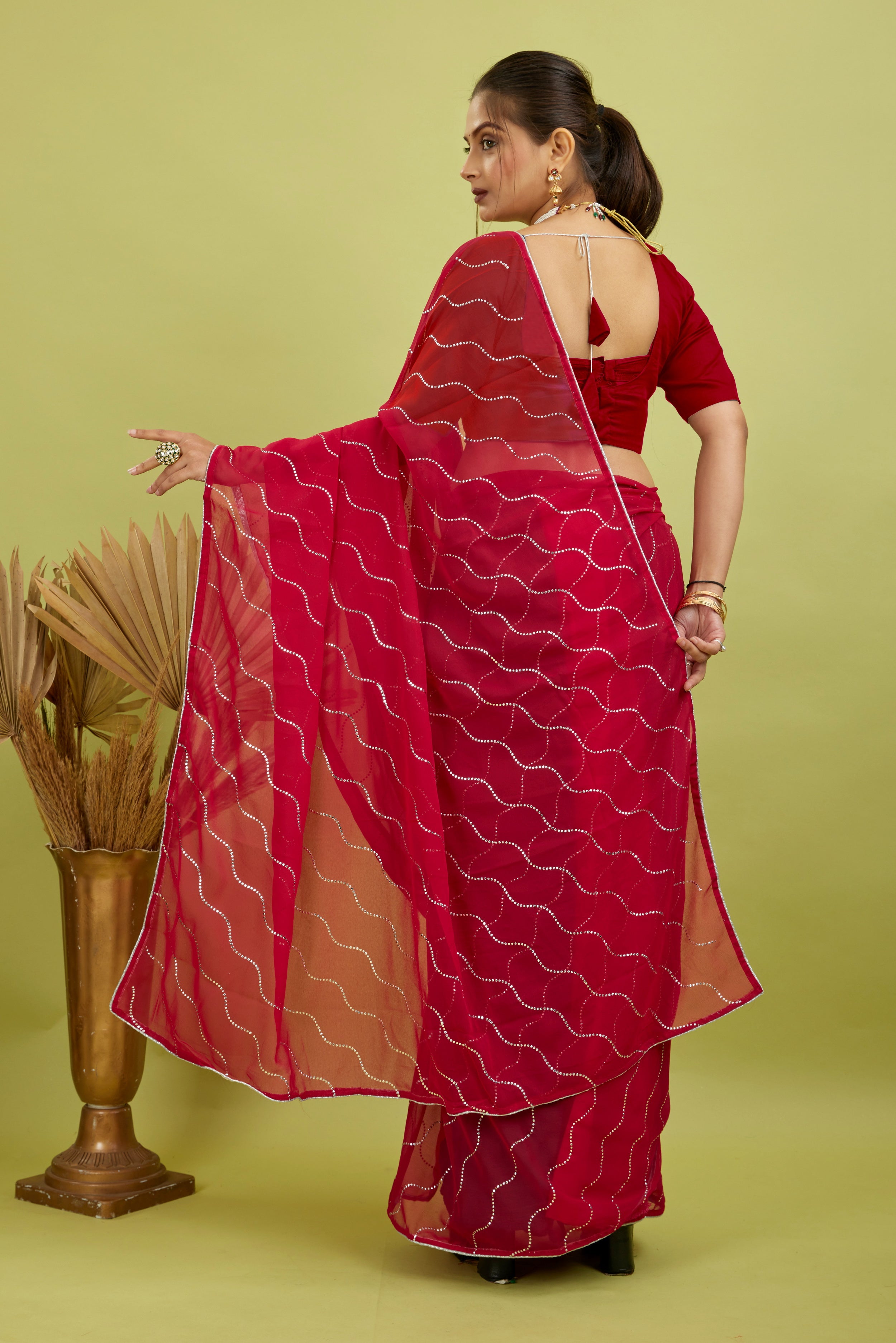 Red Beaded Swarovski Georgette Fancy Saree