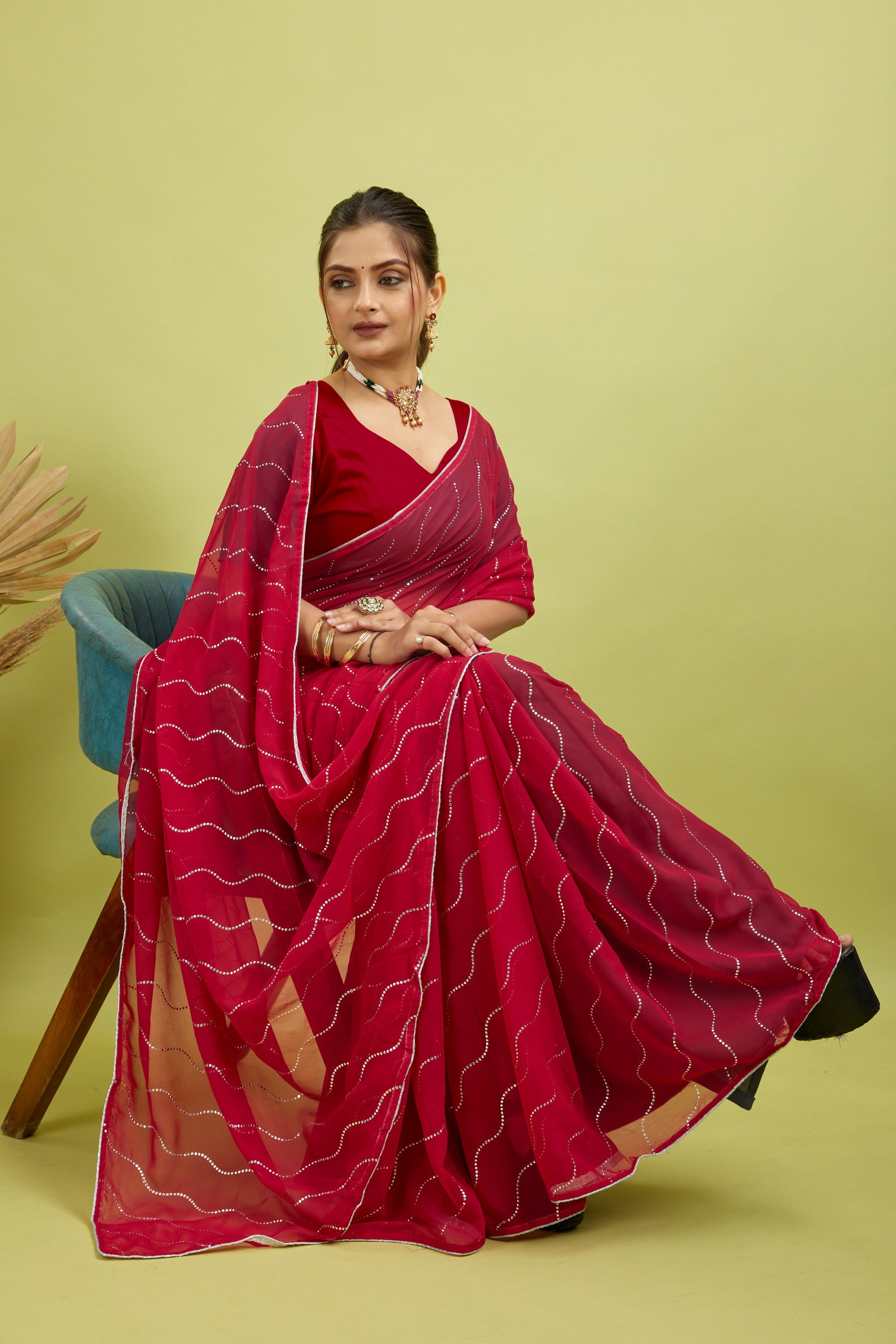 Red Beaded Swarovski Georgette Fancy Saree