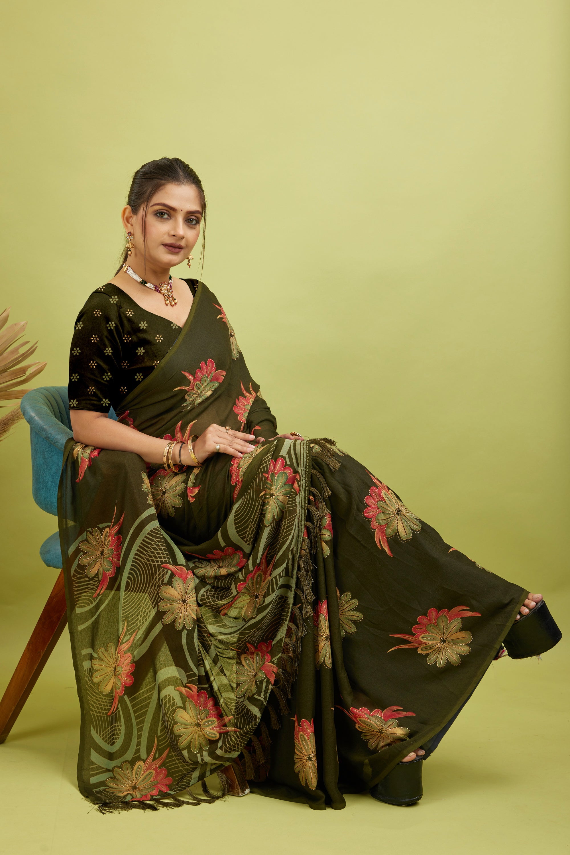 Mehndi Digital Printed Bright Moss Satin Border Saree