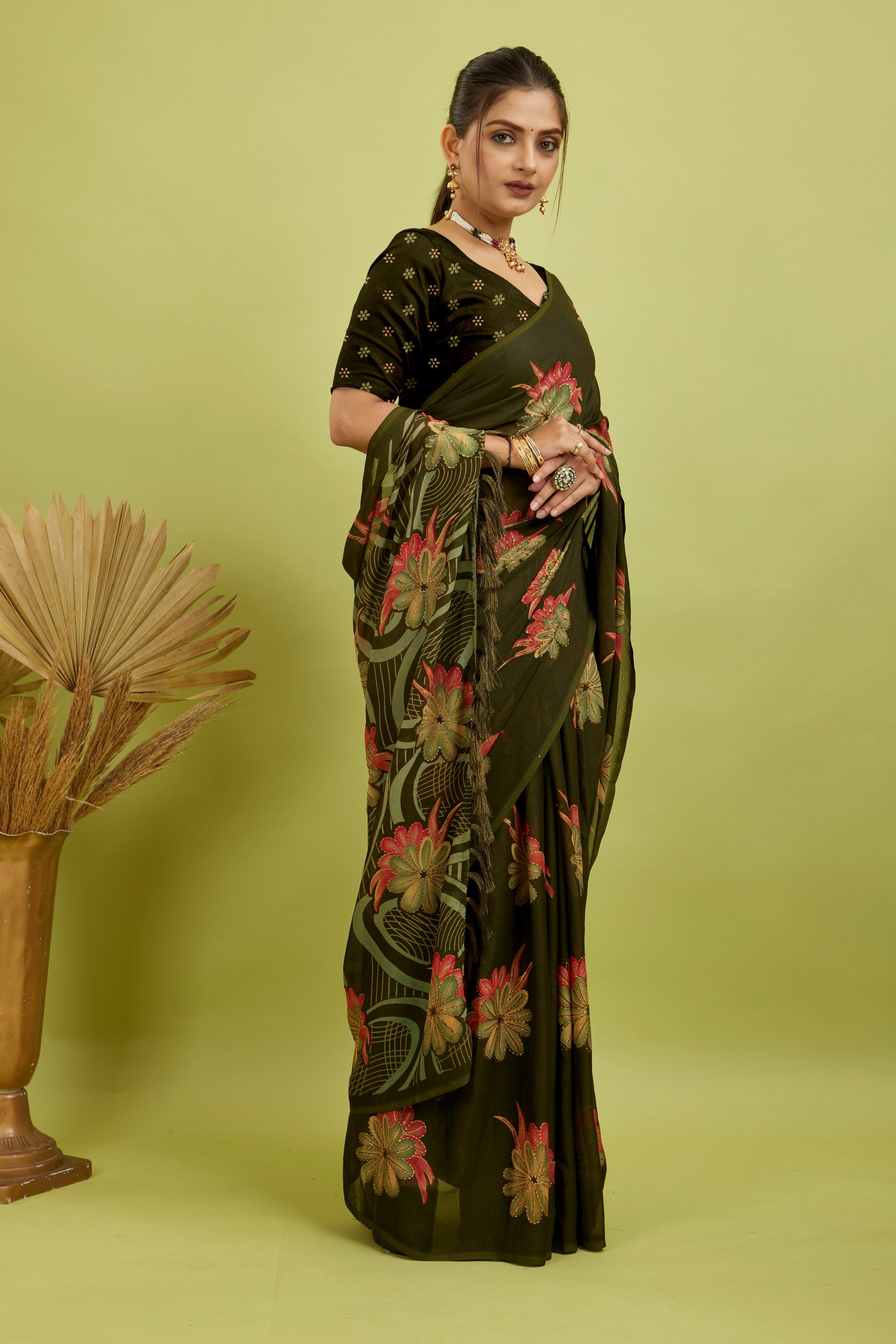 Mehndi Digital Printed Bright Moss Satin Border Saree