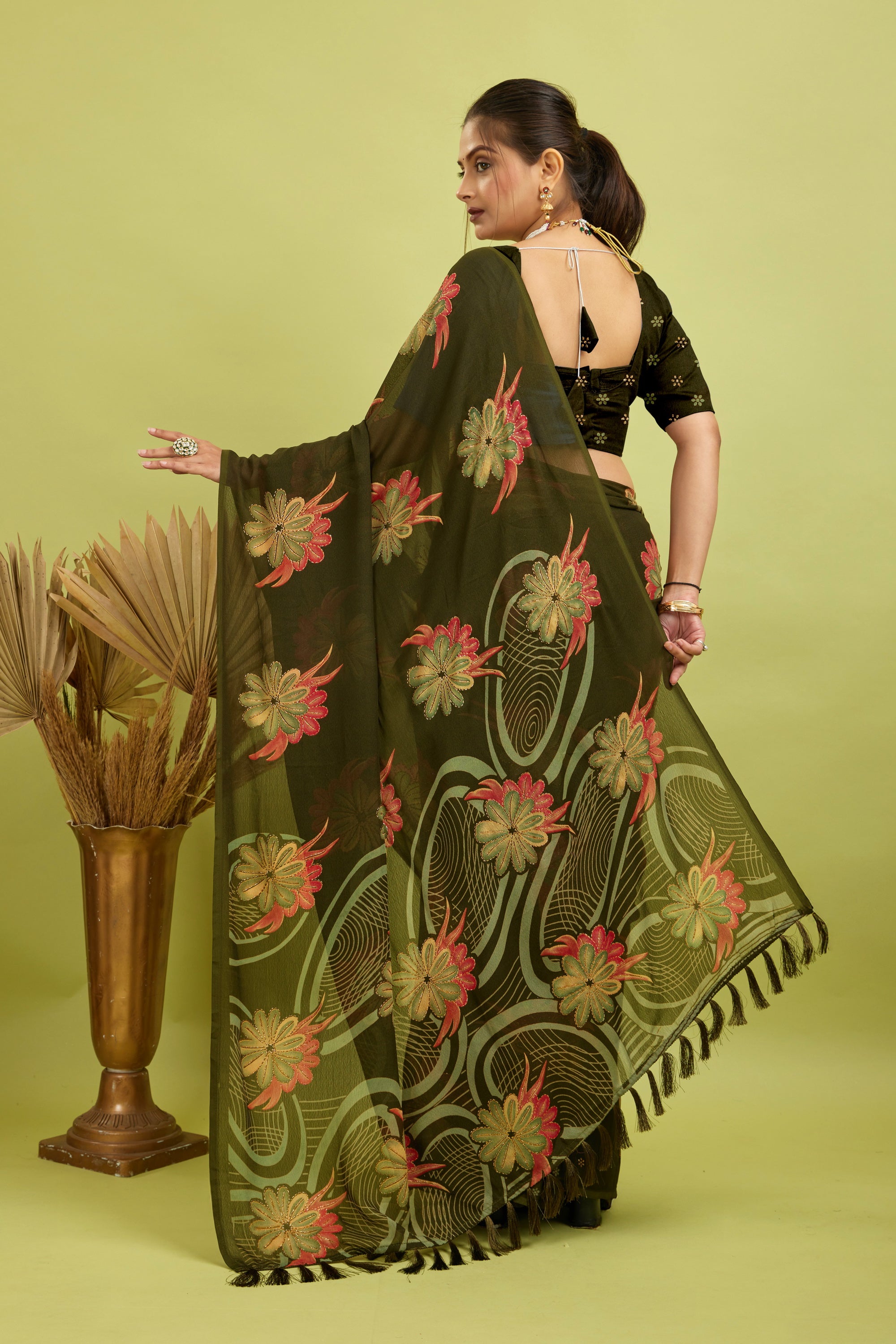 Mehndi Digital Printed Bright Moss Satin Border Saree