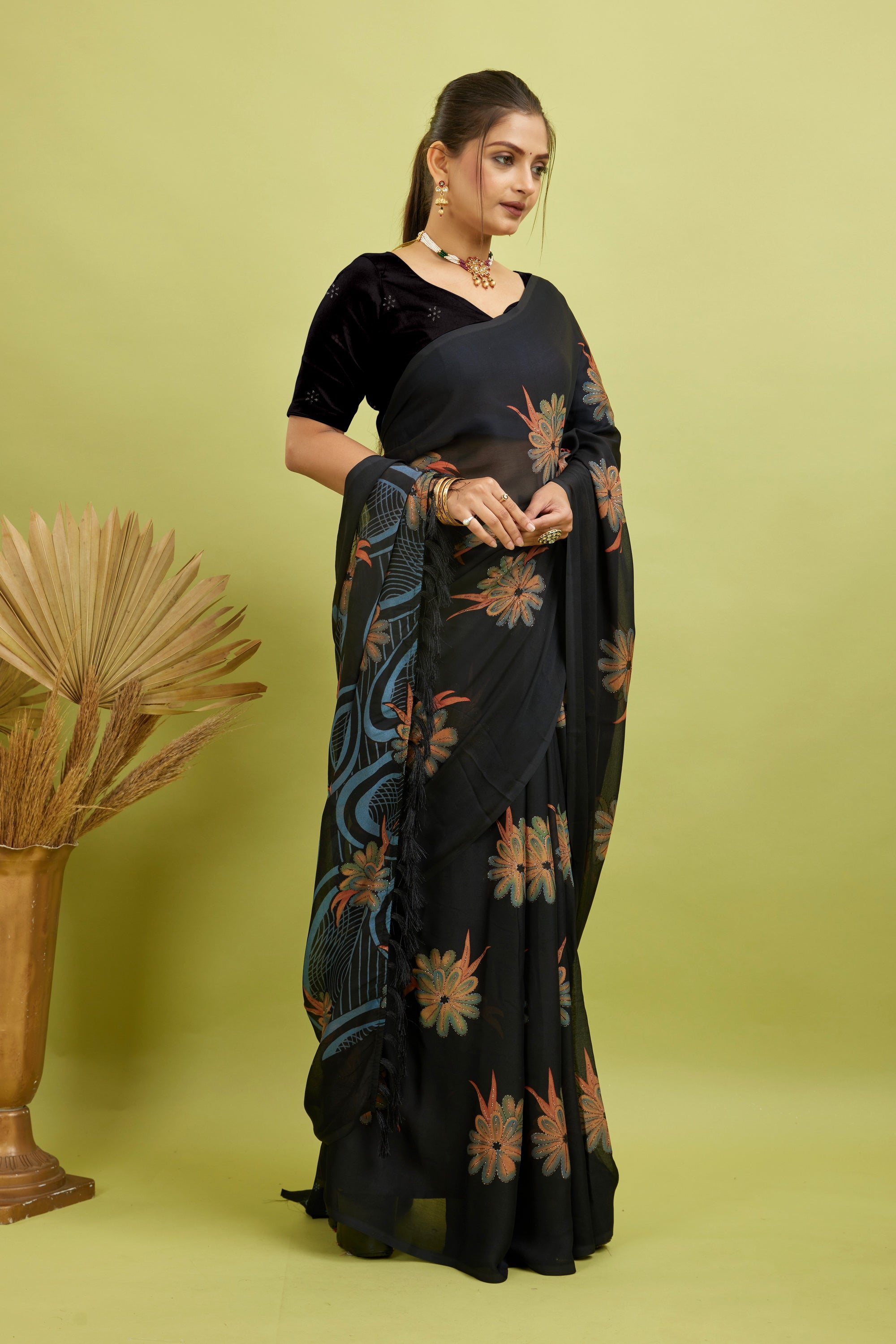 Black Digital Printed Bright Moss Satin Border Saree