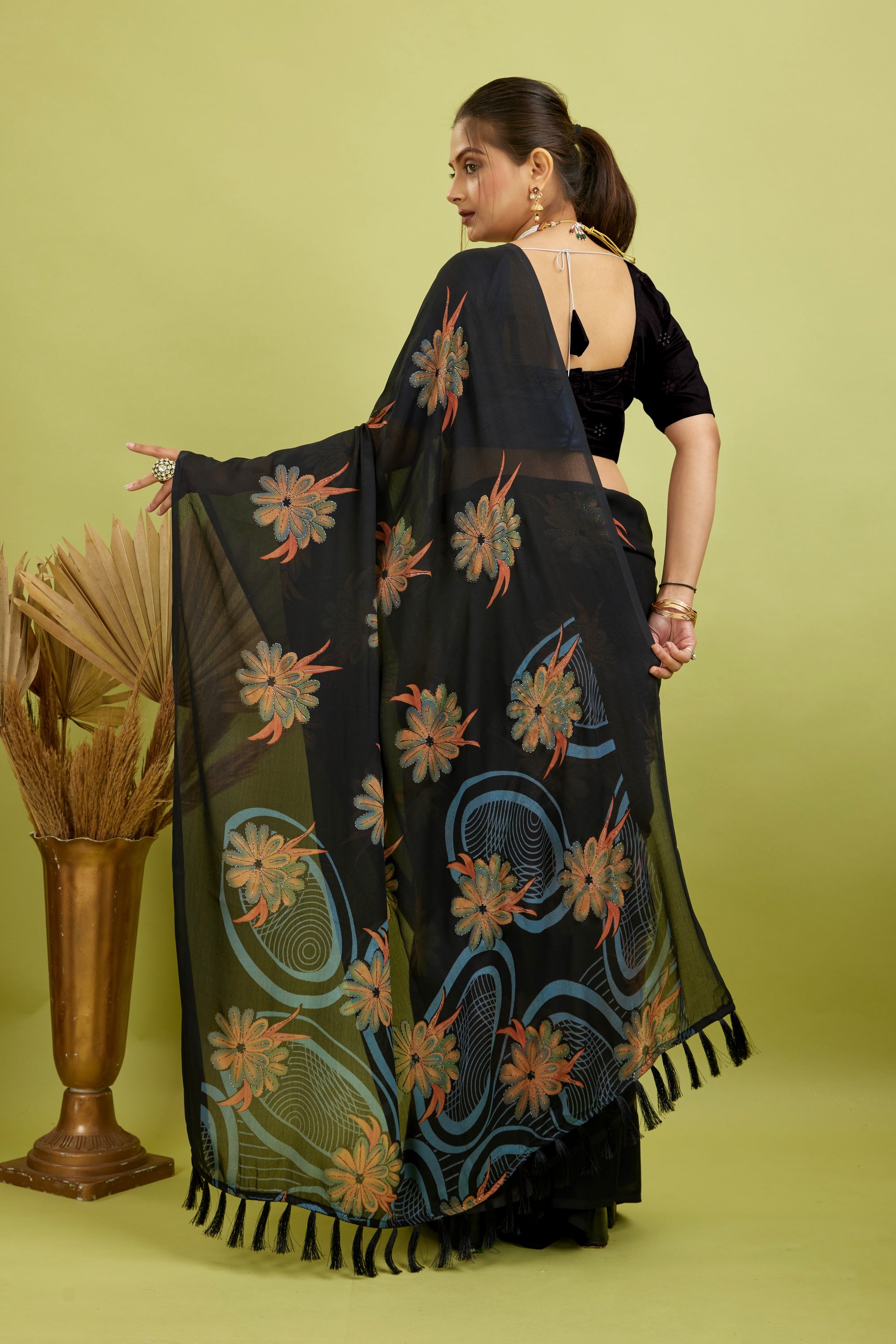 Black Digital Printed Bright Moss Satin Border Saree