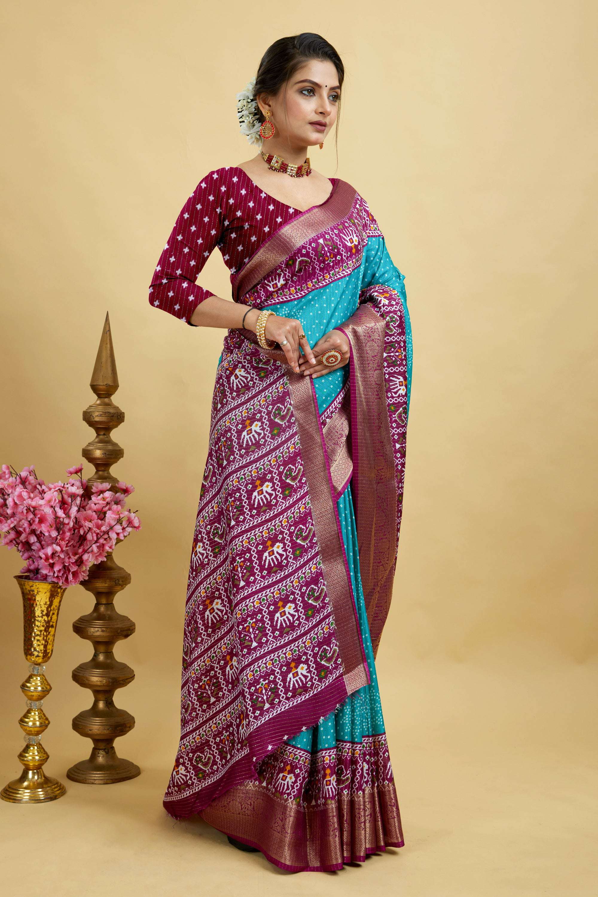 Blue Soft Dola Cotton Printed Gharchola Saree