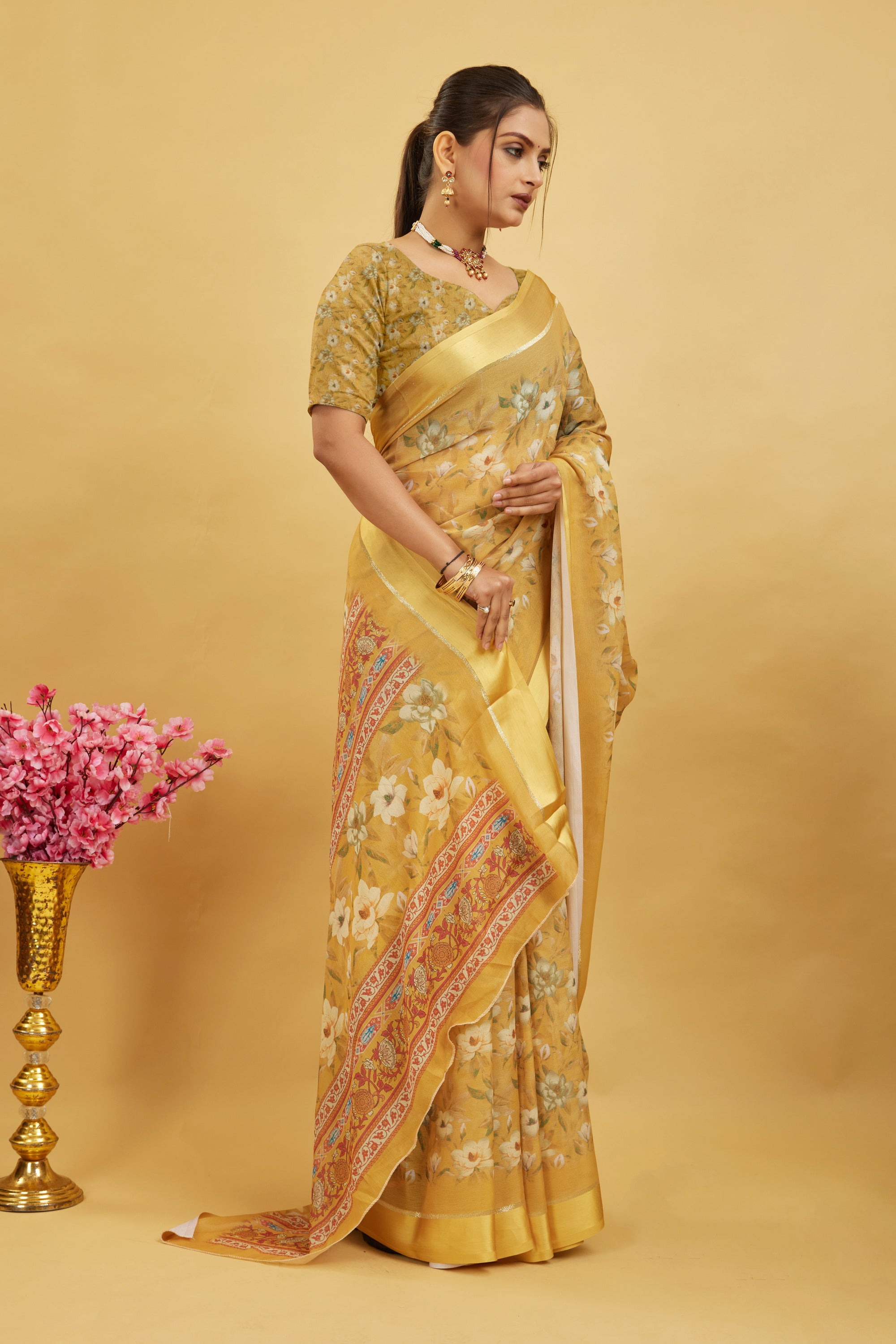 Yellow Floral Printed Bright Moss Saree